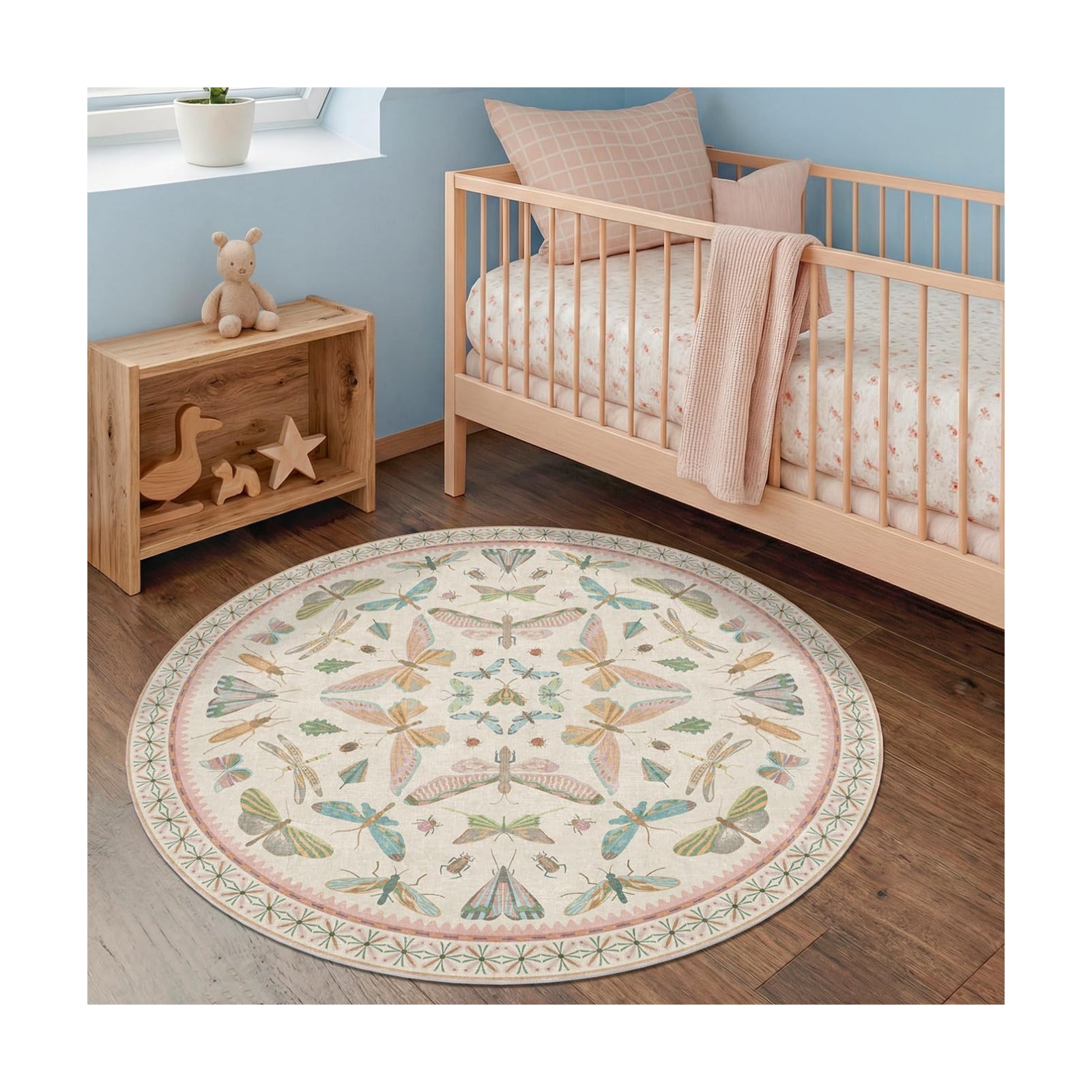 Boho Light Pink Round Rugs for Kids Bedroom - 4 ft Unique Circle Area Rugs for Baby Nursery, Washable Low Pile & Soft