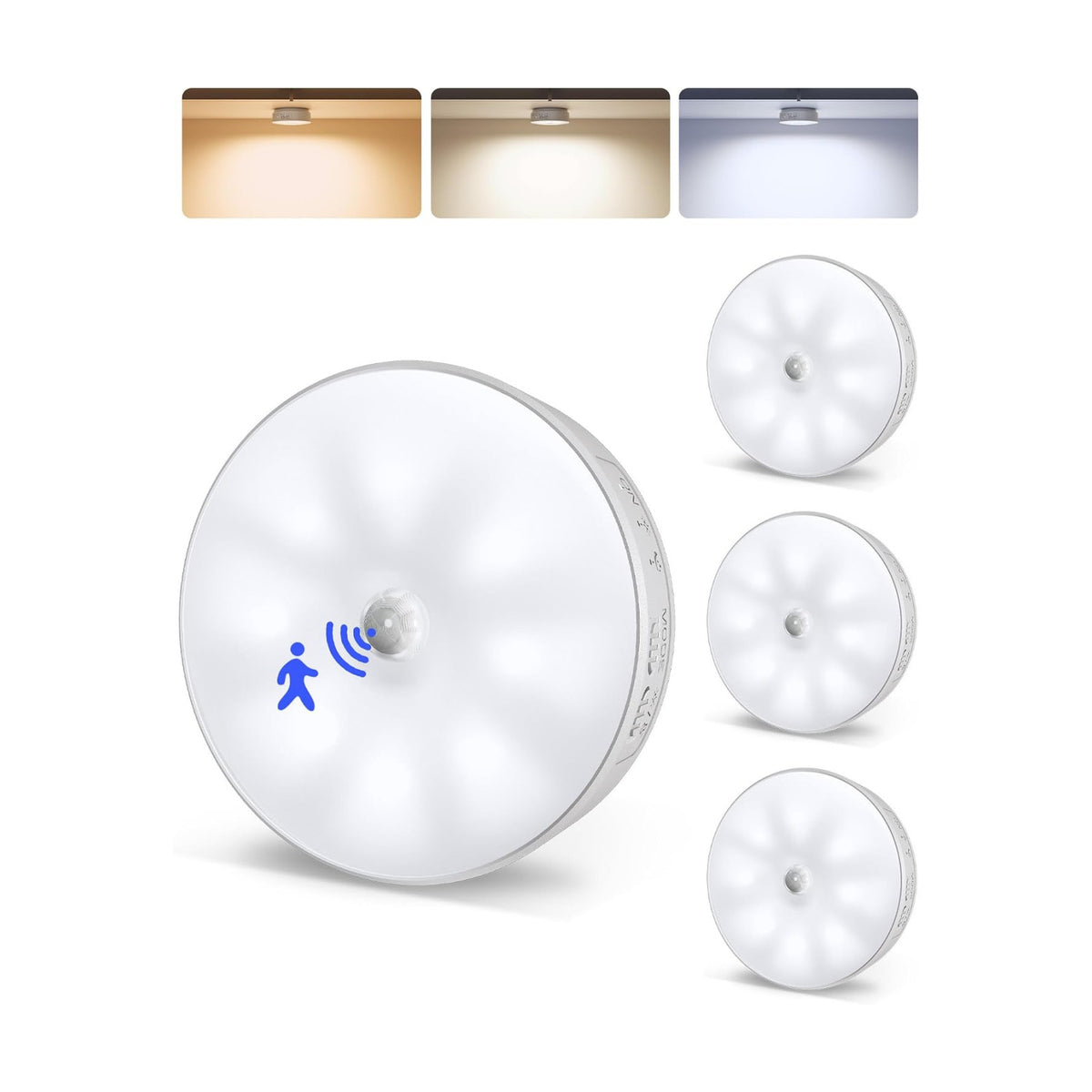 EZVALO Motion Sensor Closet Lights, LED Puck Lights | 1200mAh USB-C Rechargeable, Dimmable, 3 Color Temps, Magnetic