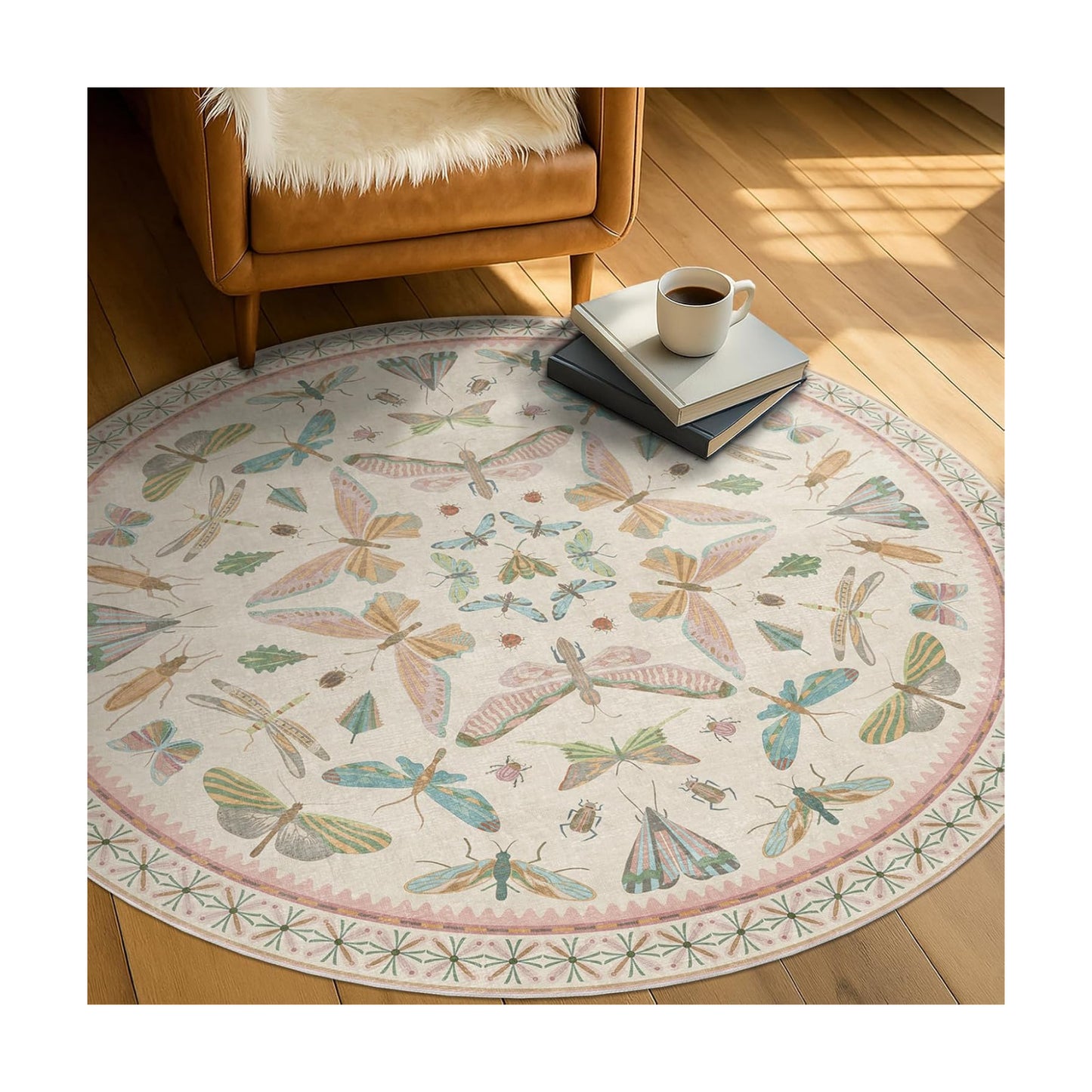Insect Pink and Blue 5ft Round Area Rug for Living Room - Washable Floral Fun Boho Rugs for Playroom, Girls Bedroom