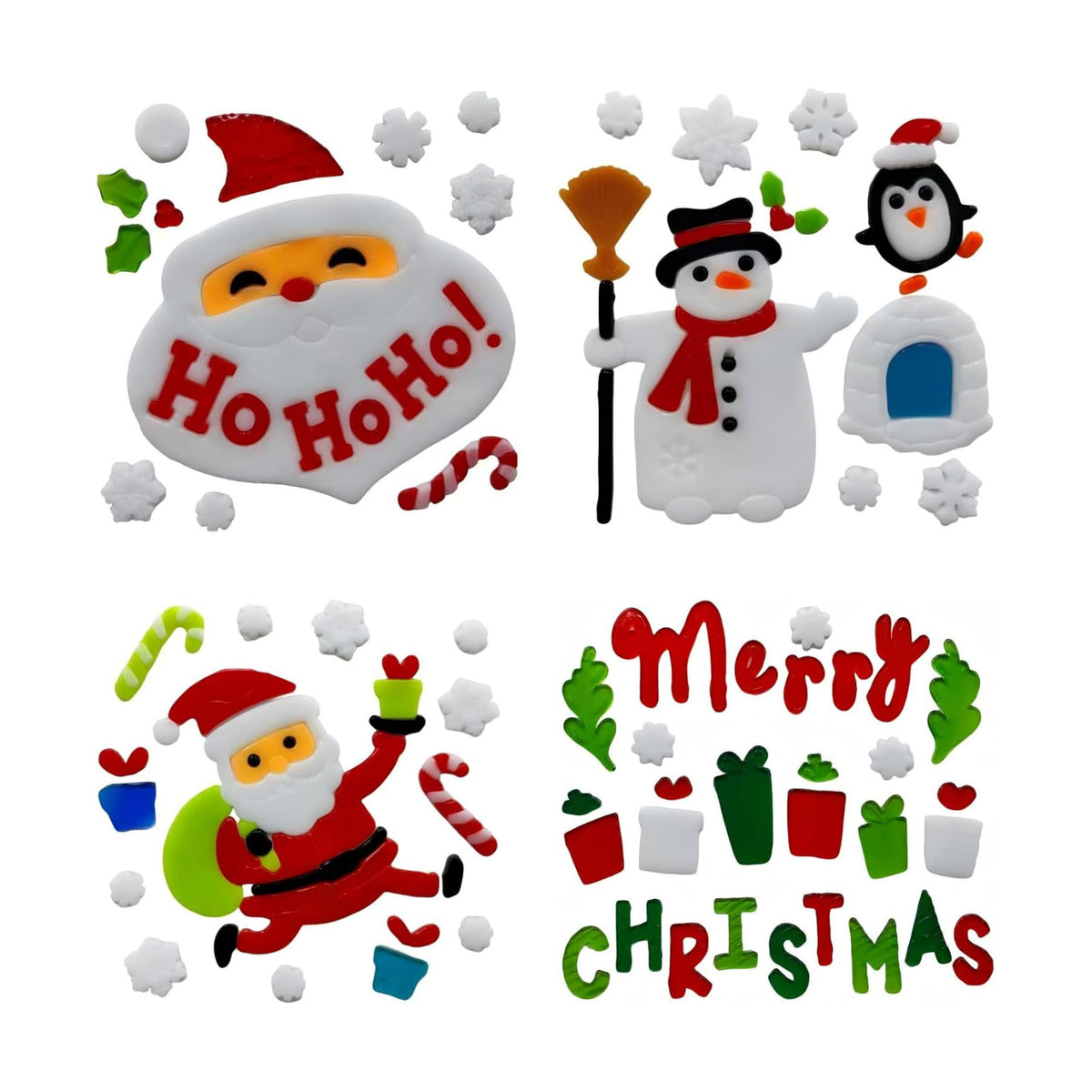 Gift&Fun 4sheets Christmas Gel Window Clings, Holiday Decorative Stickers with Santa, Snowman, Snowflakes, 7.9x7.9 Inch(Christmas Window Gel Cling Snowman