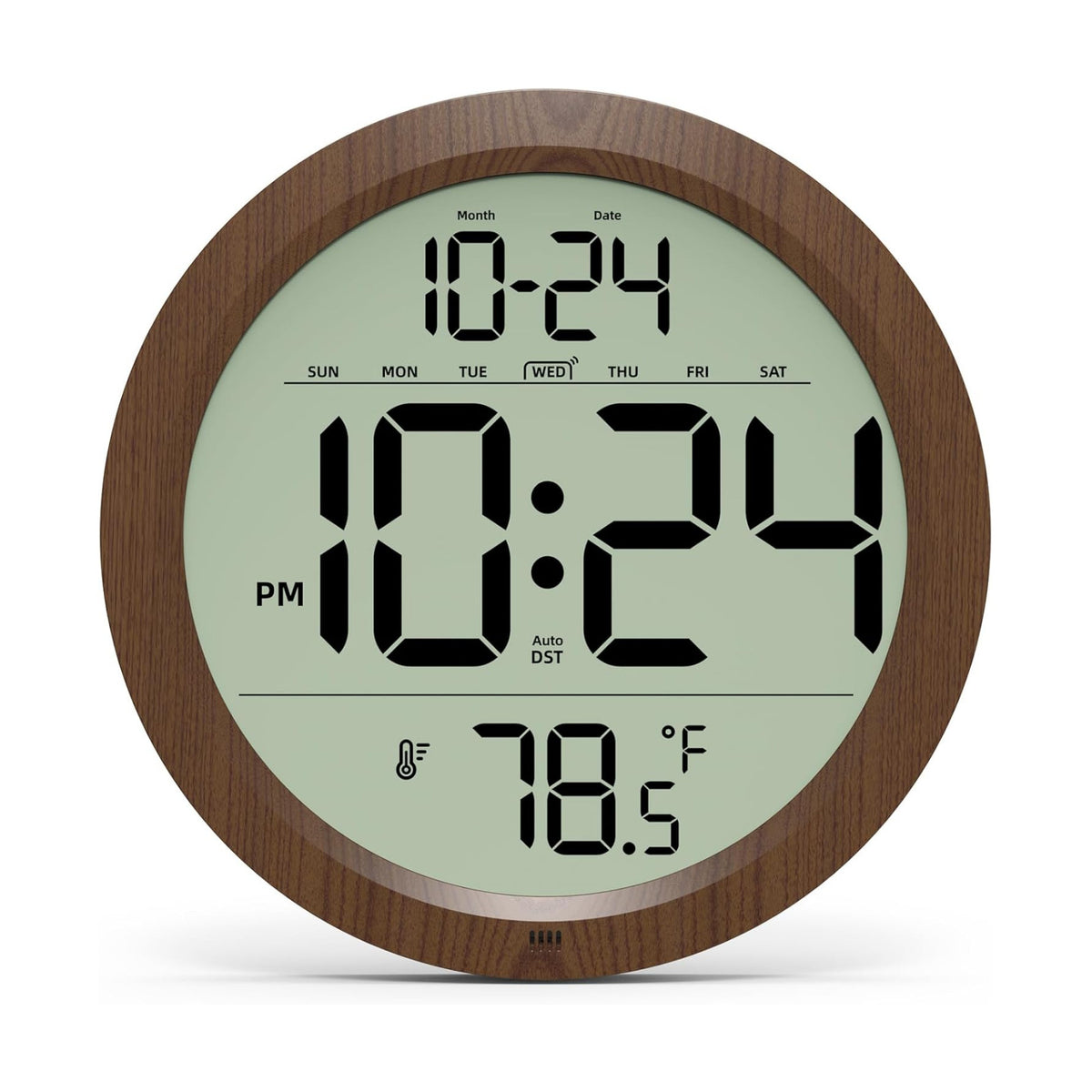 Digital Wall Clock Battery-Operated, 8 Inch Small Decorative Modern Wood Wall Clock with Date, Temperature, Auto-DST