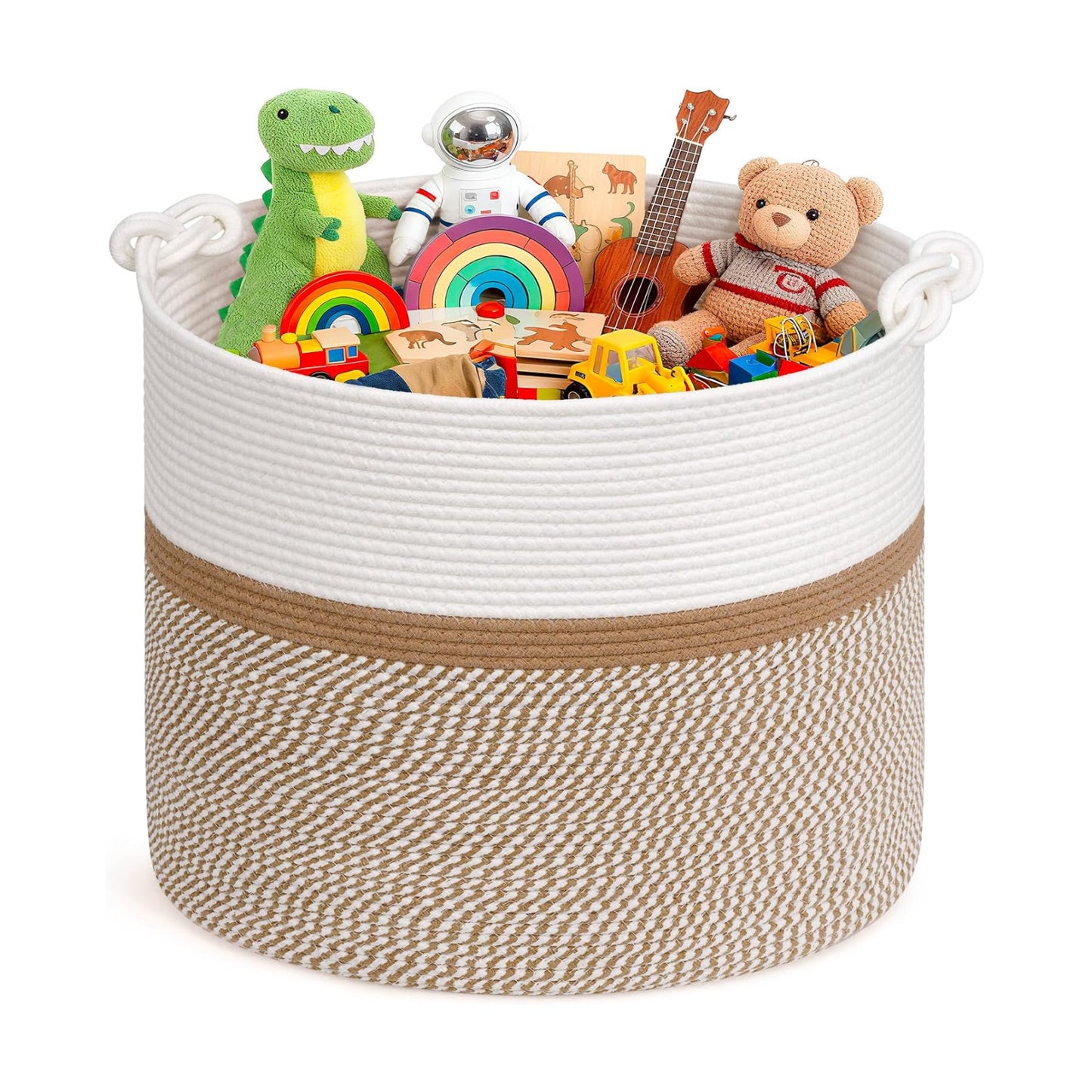 Woven Laundry Basket for Blankets Pillows Clothes / White & Brown Mix / 17 x 16