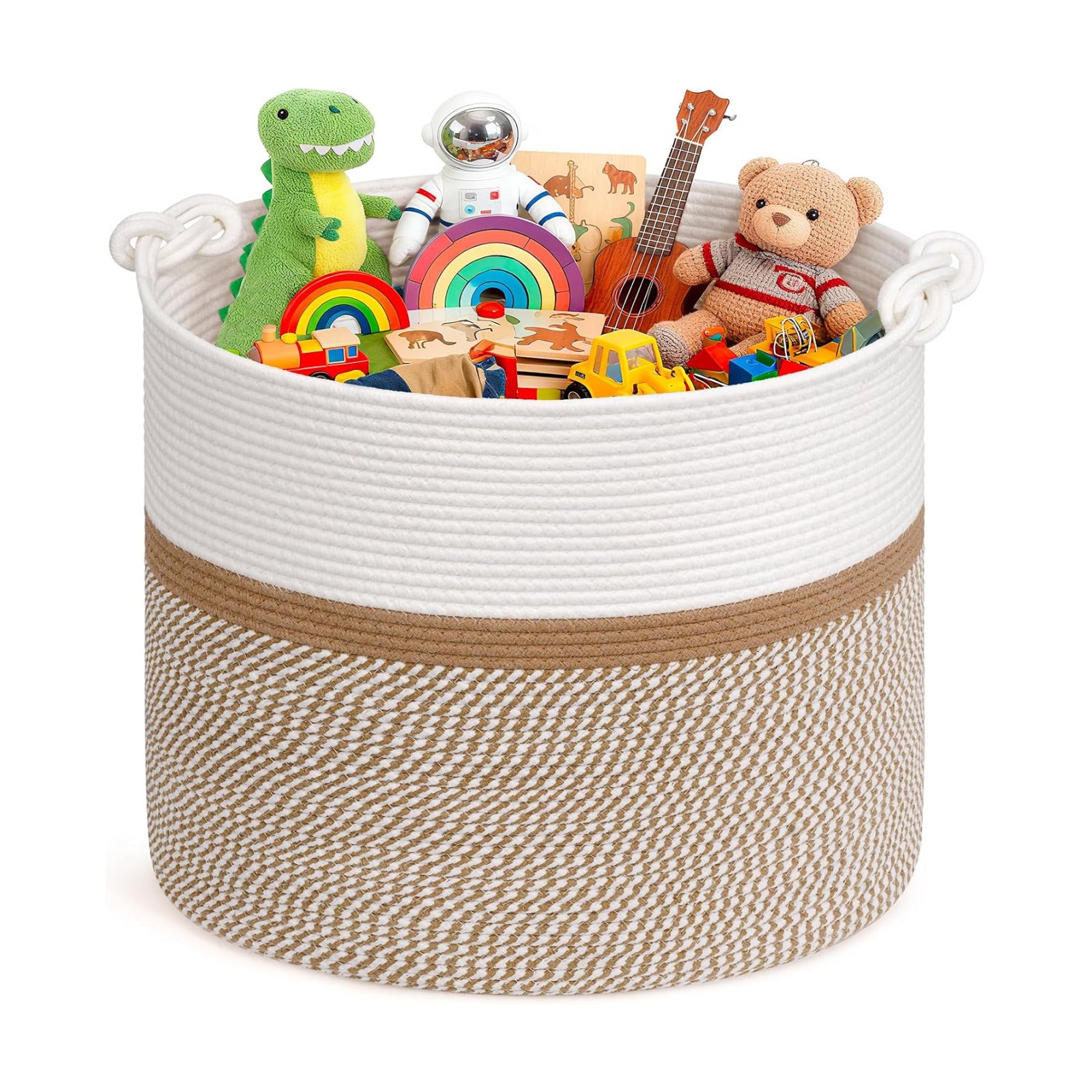Woven Laundry Basket for Blankets Pillows Clothes / White & Brown Mix / 17 x 16