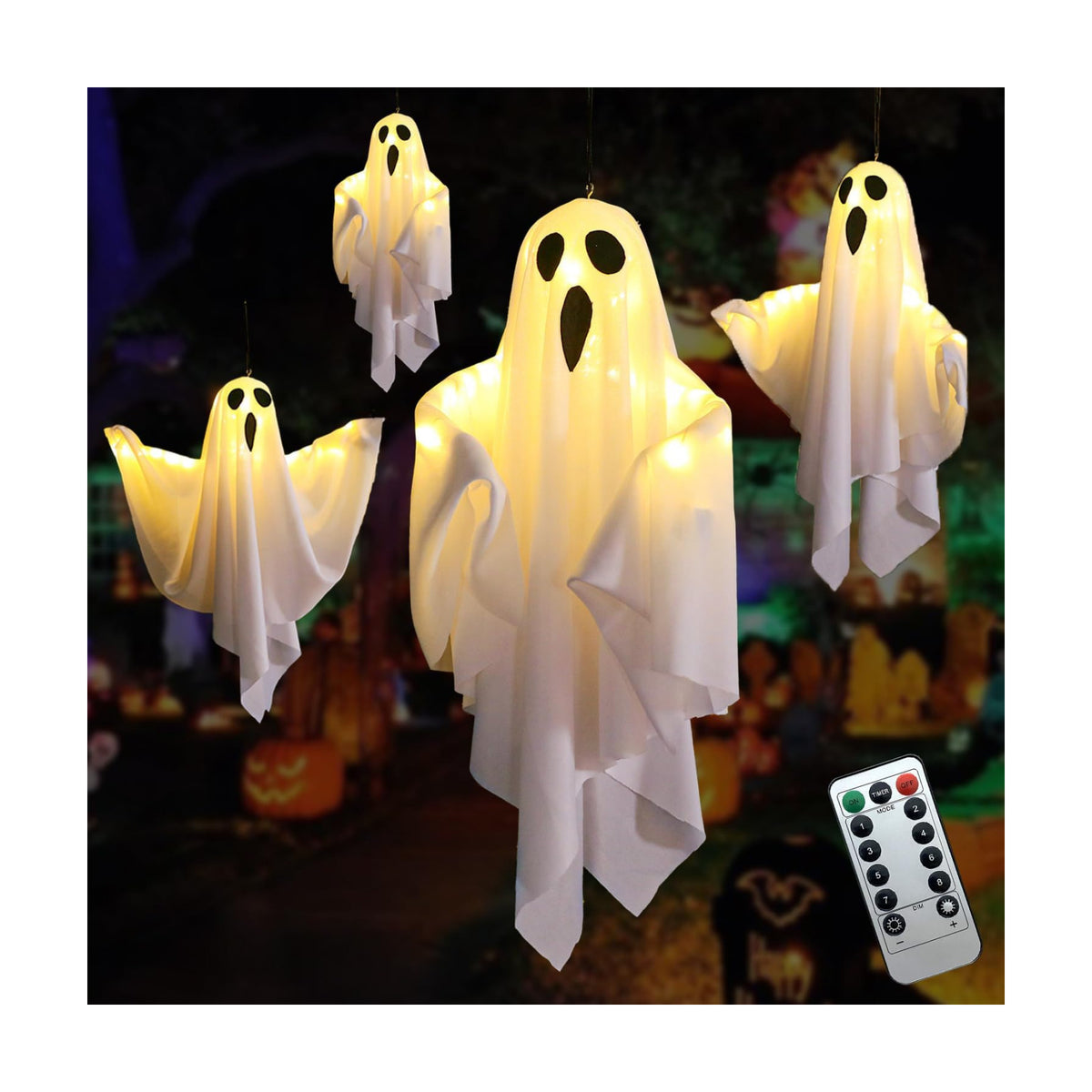 Lifnatty Halloween Hanging Ghost Decorations with Remote Control, 8 Lighting Modes & Timer, Light Up LED Ghosts, Battery Operated Halloween Decor for Outdoor Indoor Yard, Porch, Tree, Ceiling