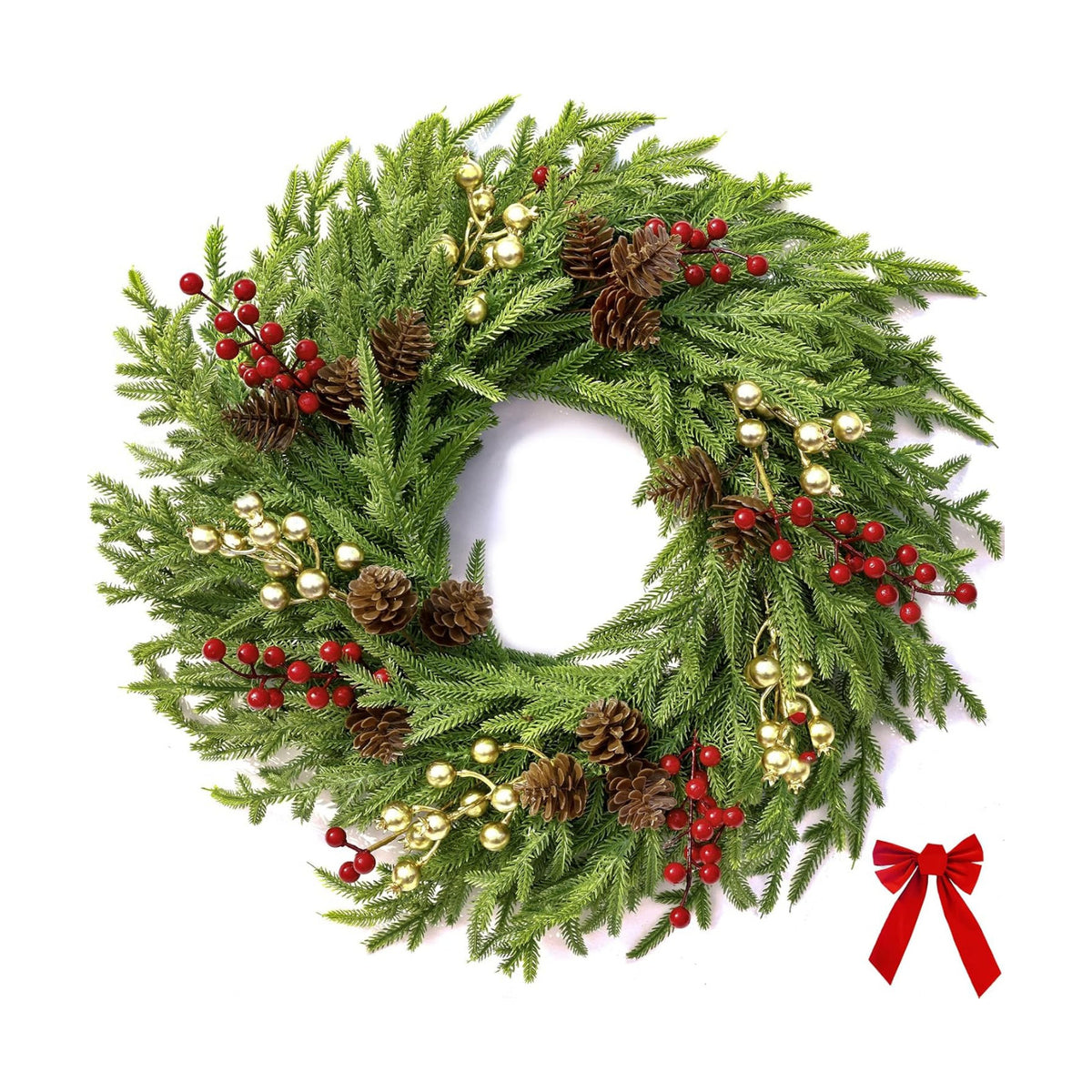 26" Norfolk Pine Wreath, Large Greenery Wreath for Front Door, Green Year Round Real Touch Artificial Greenery Wreath for Wall Porch Rustic Farmhouse Home Decor, with Lights, Red Bow, FF10