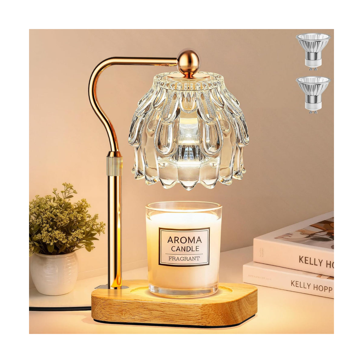 Candle Warmer Lamp with Timer Dimmer, Wax Melts Warmer Lamp for Gift, Clear | 2 GU10 Bulbs Included, Wood Base