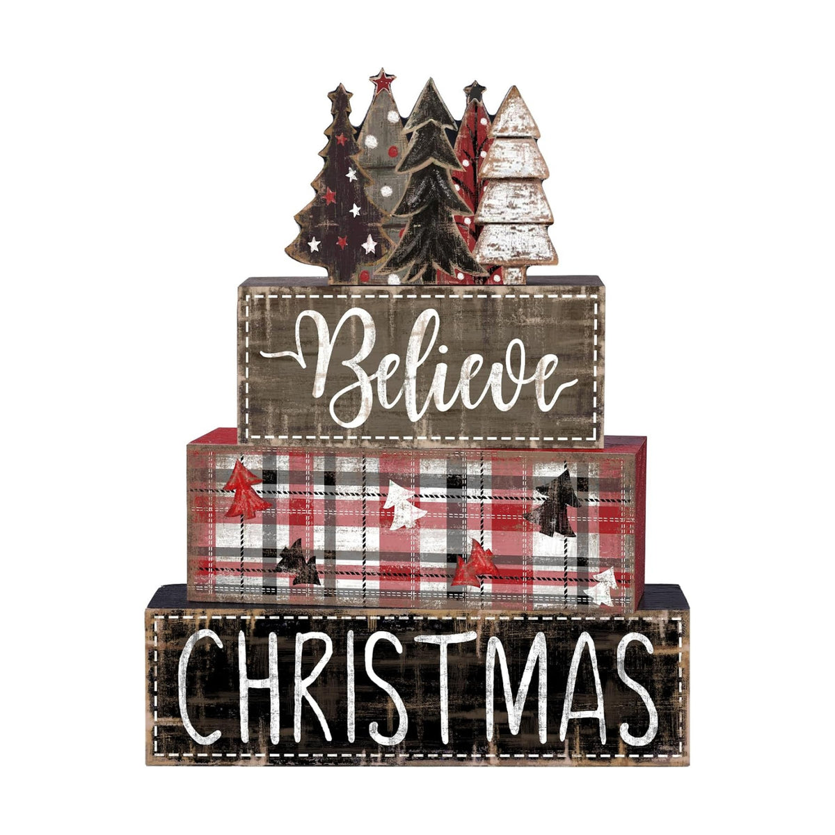 DIYDEC 4Pcs Christmas Table Decoration Christmas Tree Wooden Block Sign Xmas Tiered Tray Decor Winter Centerpiece Decorative Sign for Holiday Tabletop Coffee Fireplace Shelf Desk Party Decor