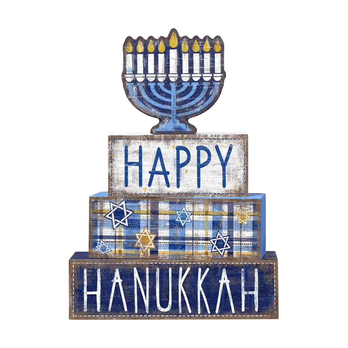 DIYDEC 4Pcs Hanukkah Table Decoration Happy Hanukkah Wooden Block Wooden Menorah Decoration Chanukah Table Centerpiece Sign Jewish New Year Decor for Holiday Gifts Tabletop Fireplace Shelf Desk Party