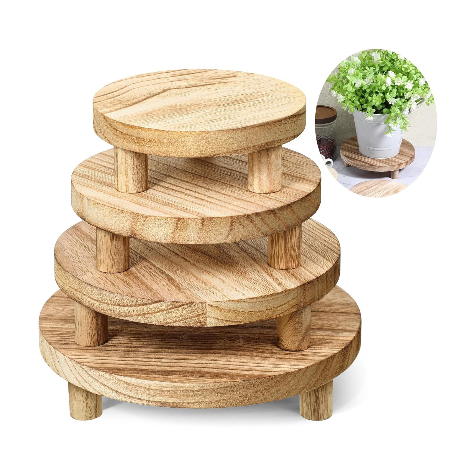 Wood Stool Round Pedestal Stand 8/7/6/ Mini Rustic Tiered Tray Riser Flower Pot / 5 Inch / Set of 4