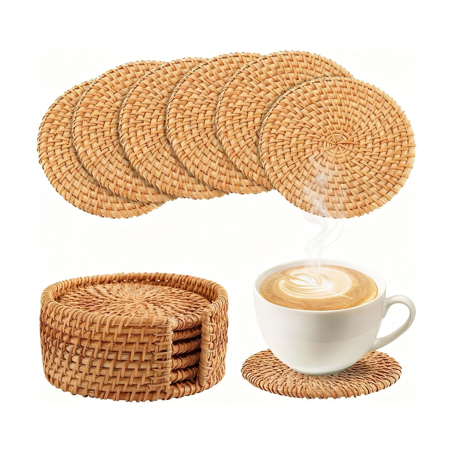 Holder｜ Wicker Drink Coasters Set for Protecting Table｜Boho Table / Natural / 4 Inch / Set of 6