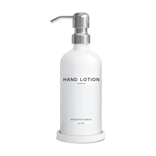 White Glass Lotion Dispenser with Pump Bathroom Set by Brighter Barns - Hand Lotion Dispenser Set with Tray - Modern