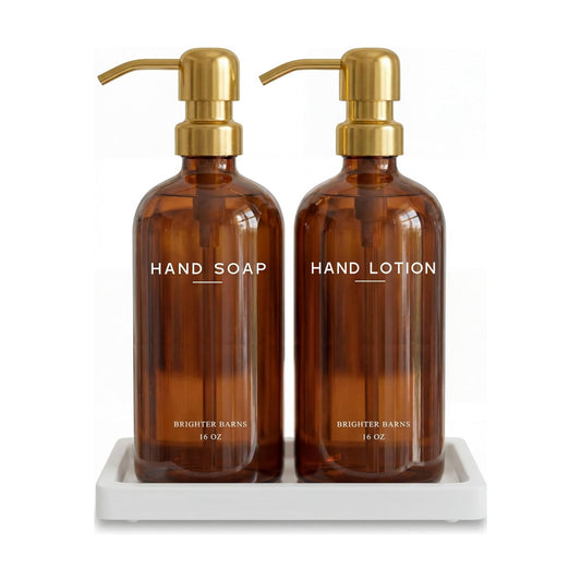 Luxury Glass Soap and Lotion Dispenser Set with Tray by Brighter Barns - Hand Soap Dispenser Bathroom Set w/Stainless