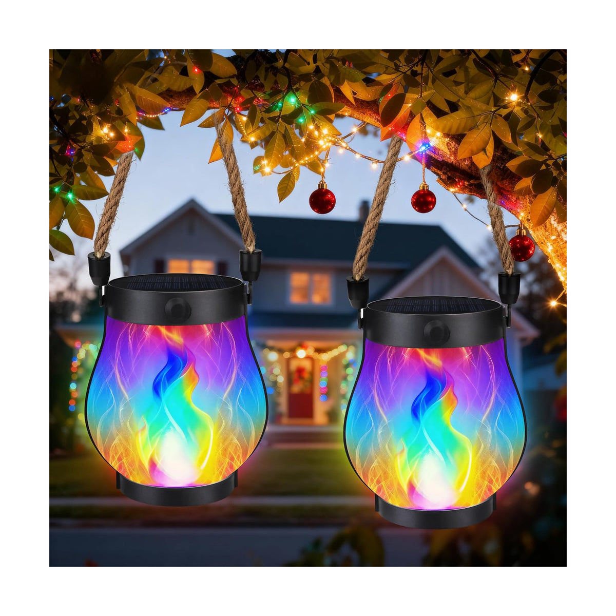iBaycon 1 Pack Gen2 Solar Lantern Lights with Ultra-Real Flame, Multicolor | Solar Garden Lights with Dual Charging USB