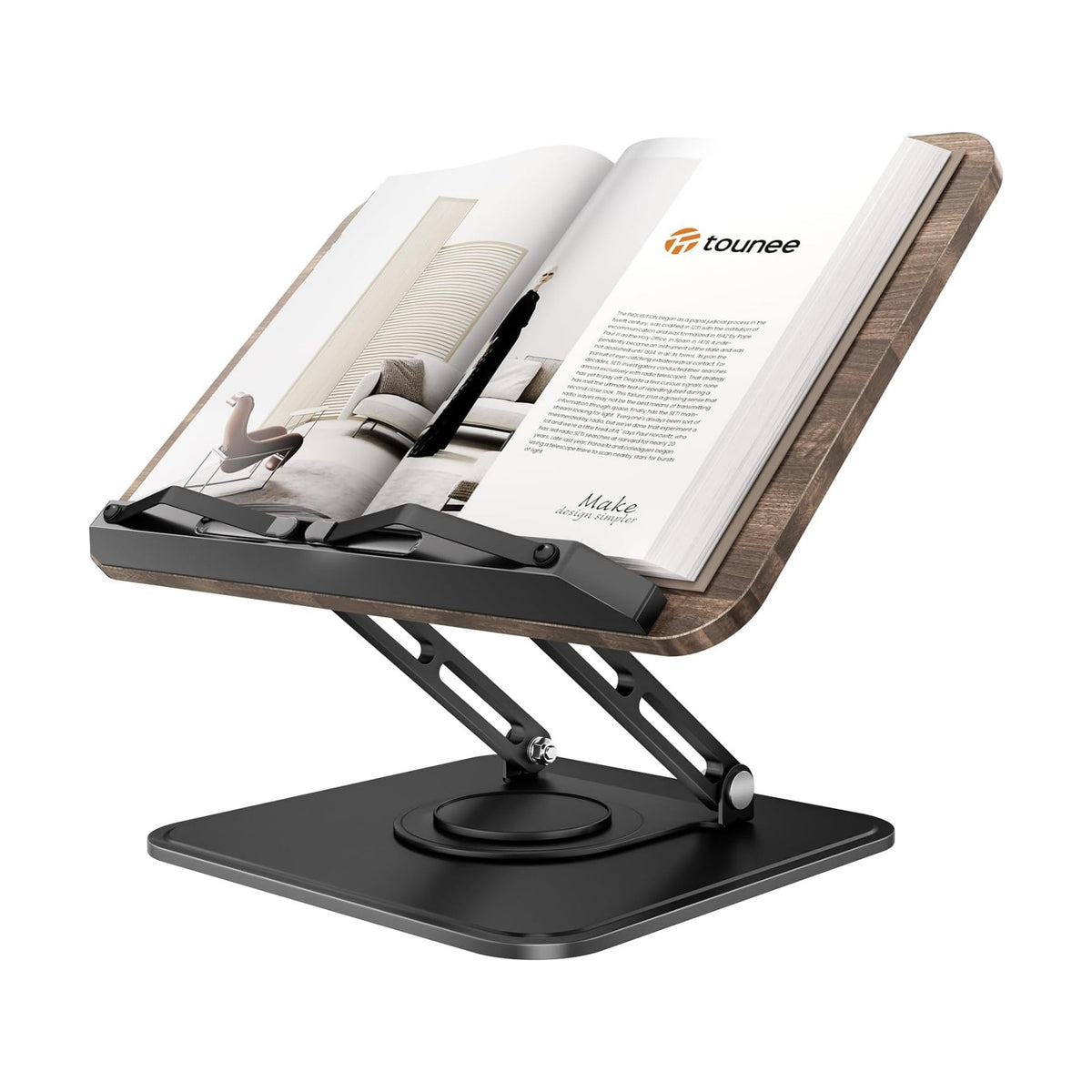 Tounee Book Stand, 360° Rotating Reading Book Holder, Adjustable Cookbook Holder for Reading Hands-Free, Foldable