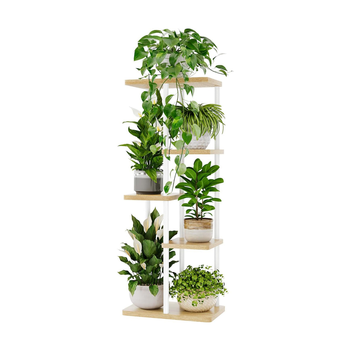 Bamworld Plant Stand 5 Tier Corner Shelf for Multiple Plants White | Tiered shelf makes efficient use of corners in