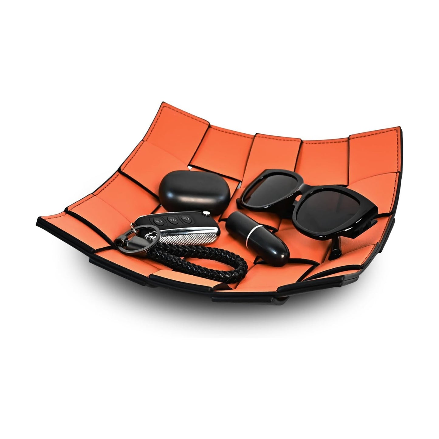 Valet Tray PU Leather Key Holder Bowl for Women and Men Entryway Table Nightstand / Orange + Black