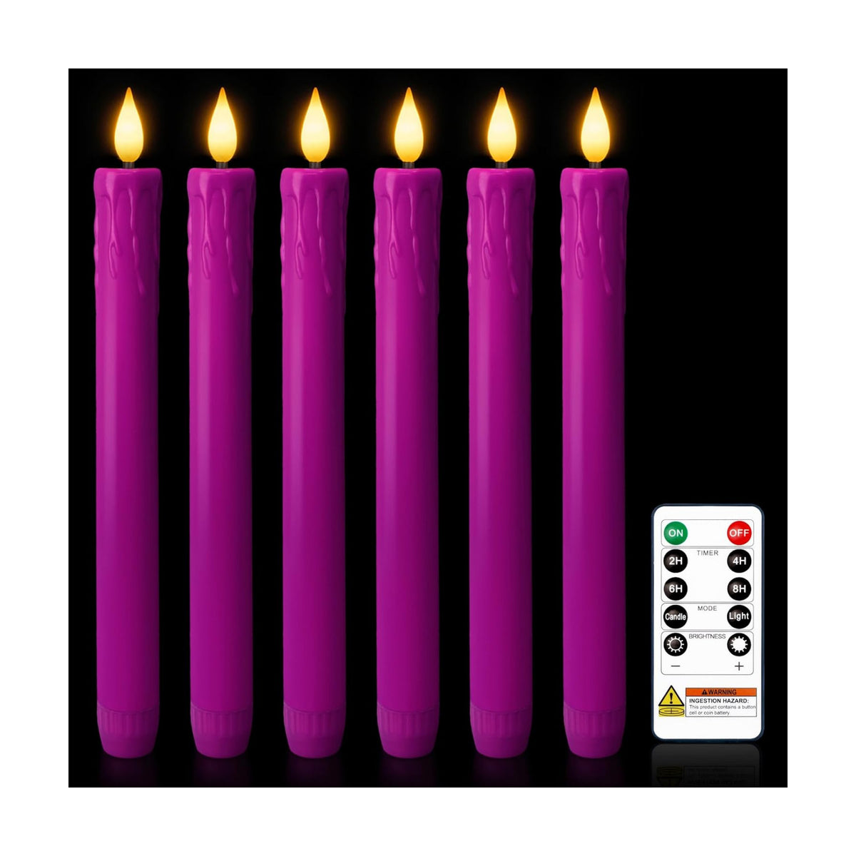 Homemory 6 Pcs Real Wax Purple Flameless Taper Candles with Remote Timer, 9.6 Inches LED Fake Candlesticks, LED Candle