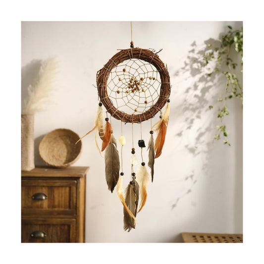 Dream Catcher Native American Boho Dreamcatcher Rattan Wall Decor / Brown with Crystal