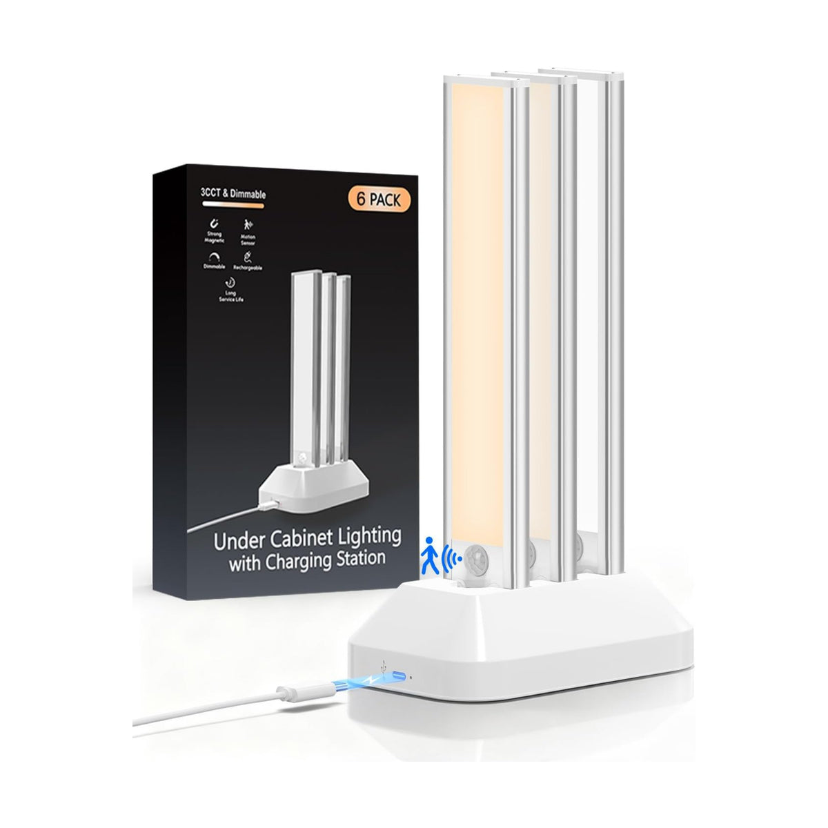 VerRon 6-Pack Under Cabinet Lighting with Charging Station, 8inch | 2000mAh Rechargeable, 3 Color Temps, Dimmable