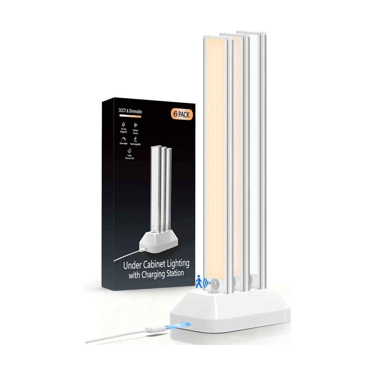 VerRon 6-Pack Under Cabinet Lighting with Charging Station, 14inch | 2000mAh Rechargeable, 3 Color Temps, Dimmable
