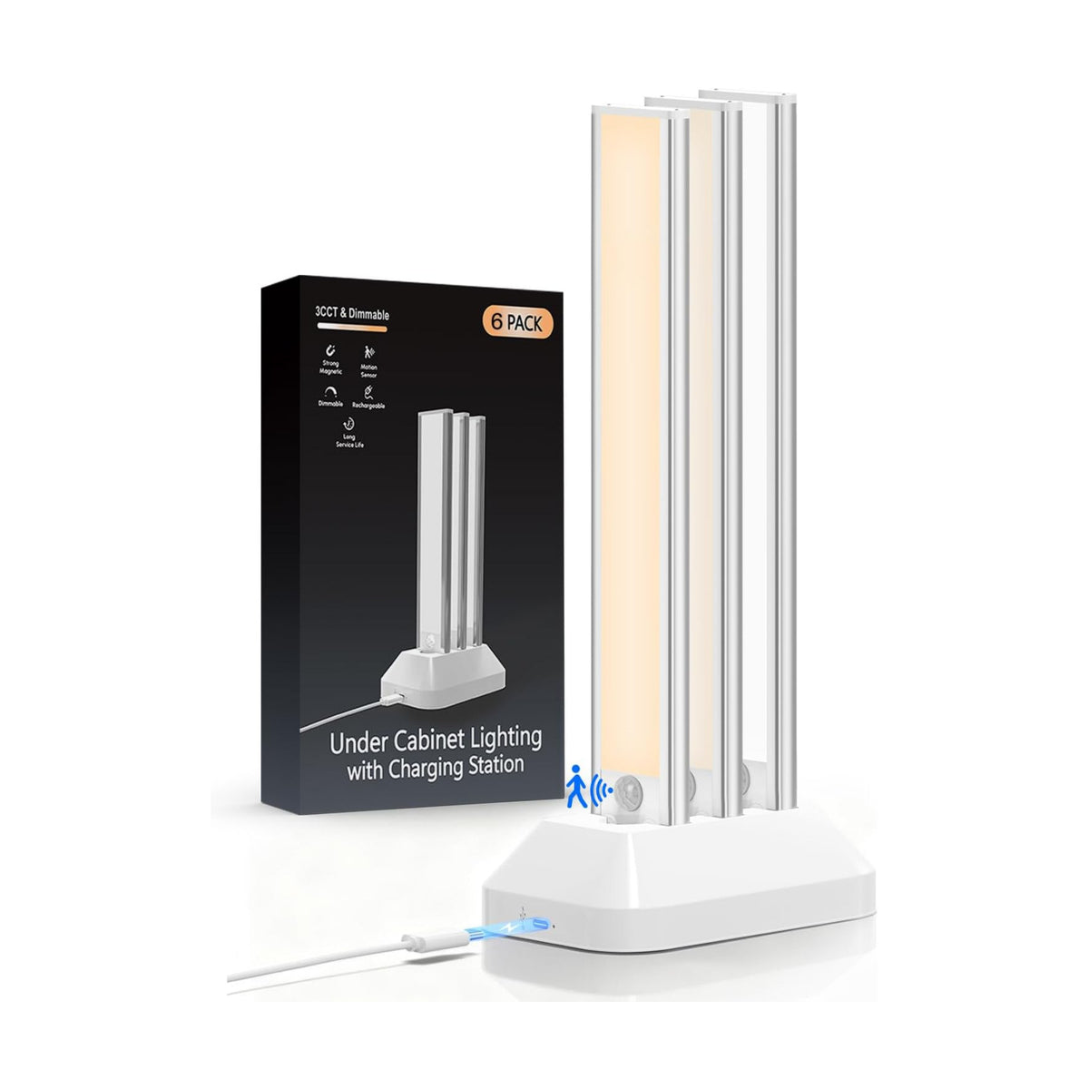 VerRon 6-Pack Under Cabinet Lighting with Charging Station, 12inch | 2000mAh Rechargeable, 3 Color Temps, Dimmable
