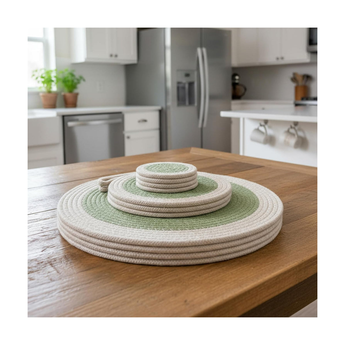 Encasa XO Cotton Placemats, Coasters & Trivets 13" | Sage, Heat Resistant | Protective Table Pad | Handcrafted Ribbed