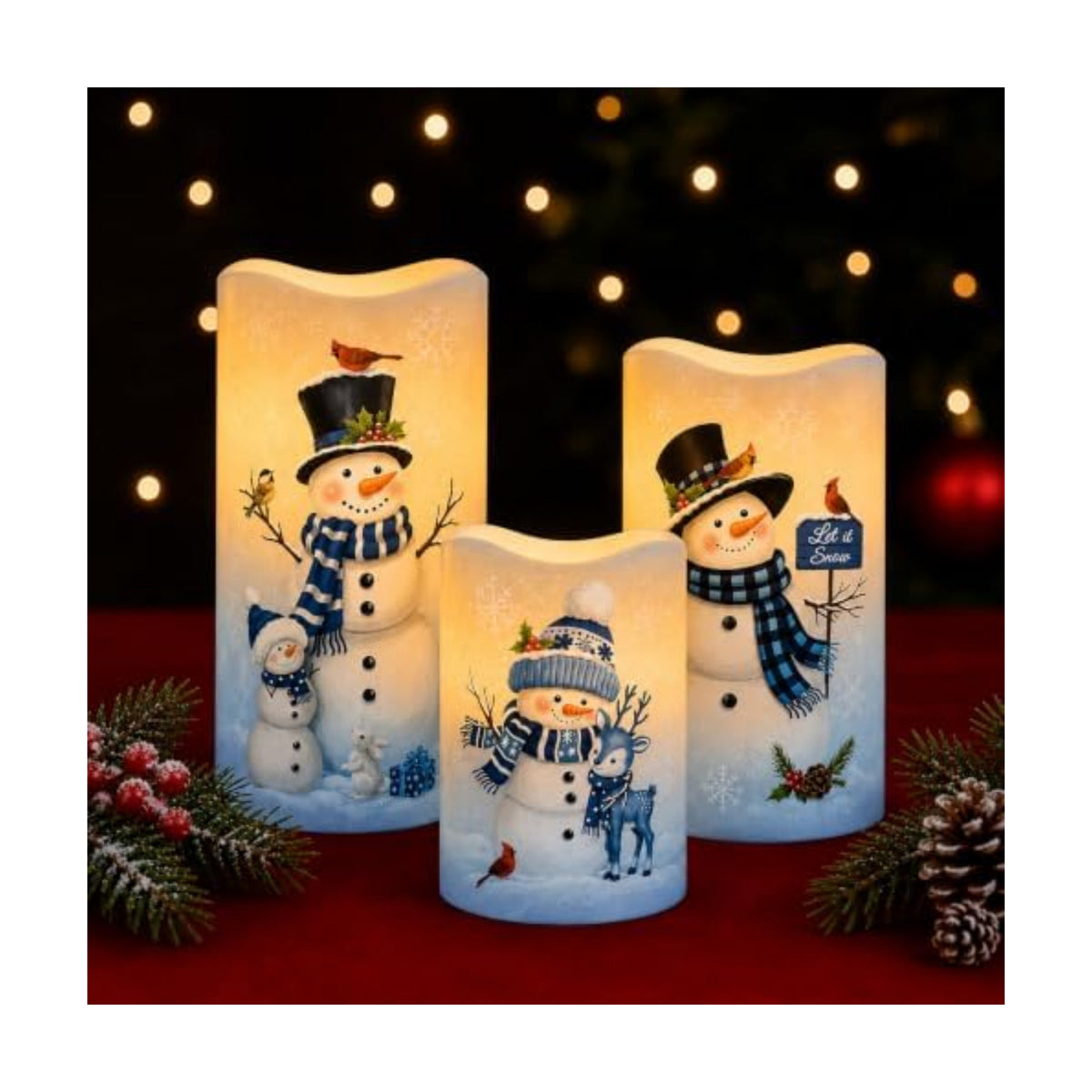 Blue Snowman Christmas Battery Operated Flameless Flickering LED Candles