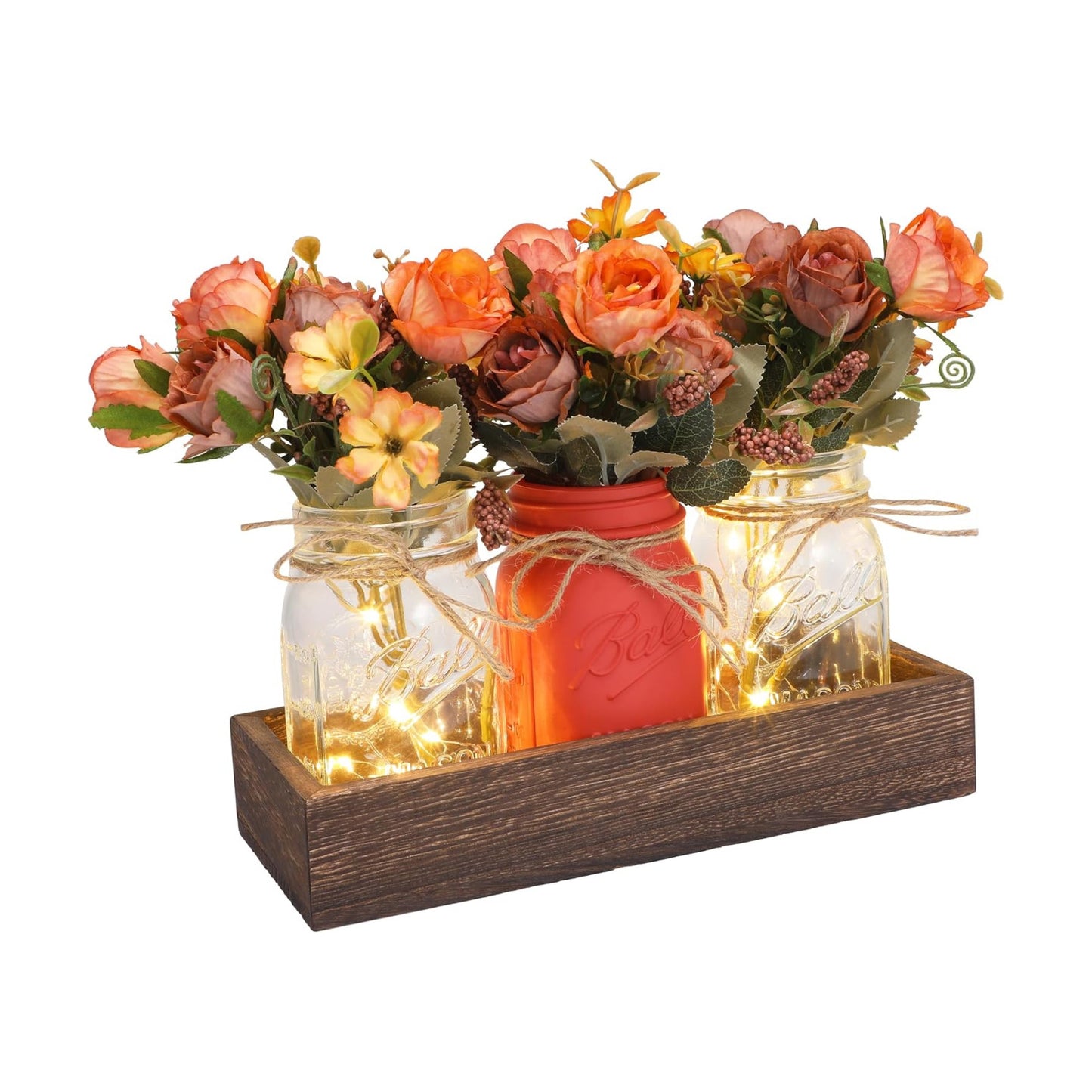 Wood Tray & 3 Artificial Flowers