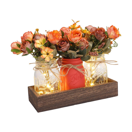 Wood Tray & 3 Artificial Flowers