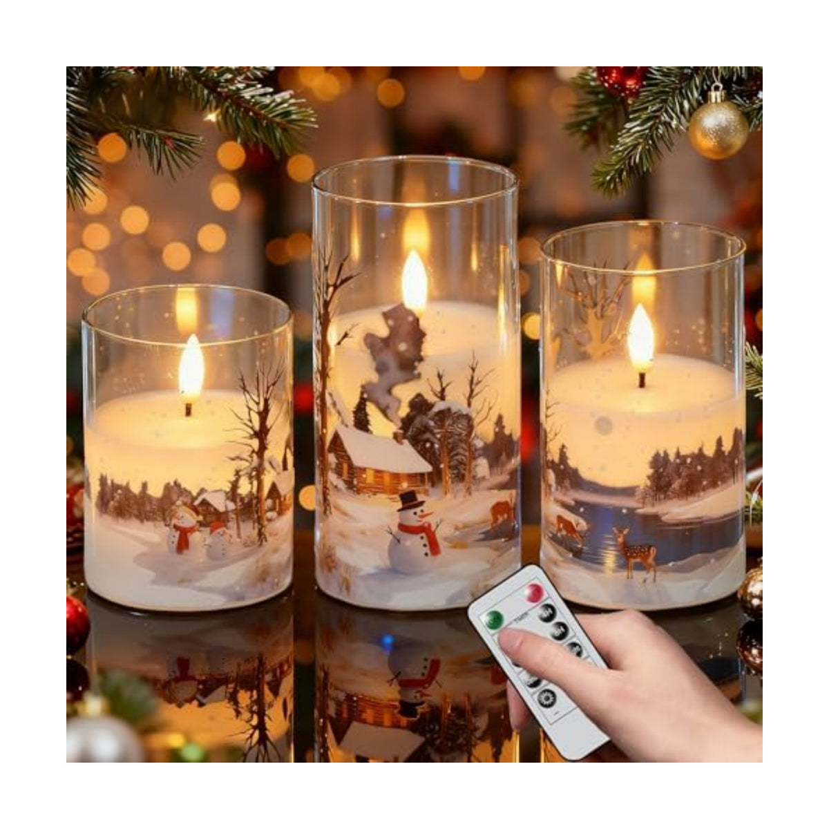 Wondise Chrismtas Snowman Glass Flameless Candles with Remote Timer