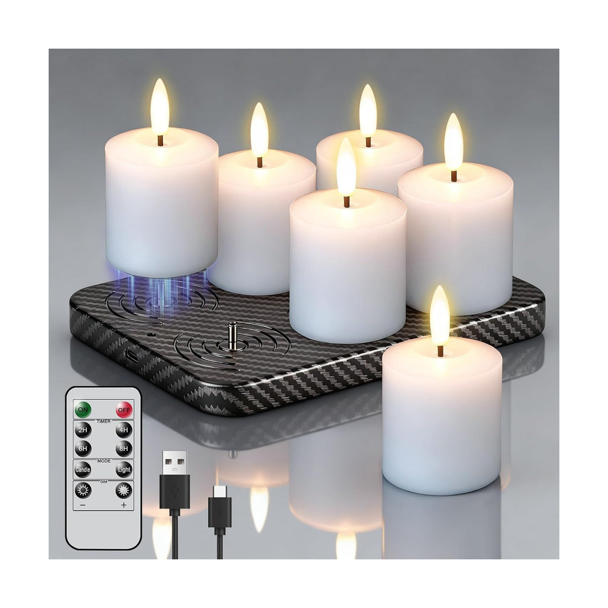 Wax Rechargeable Votive Flameless Candles Battery Operated Remote Timer | White, Charging Base, Pillar LED Fake