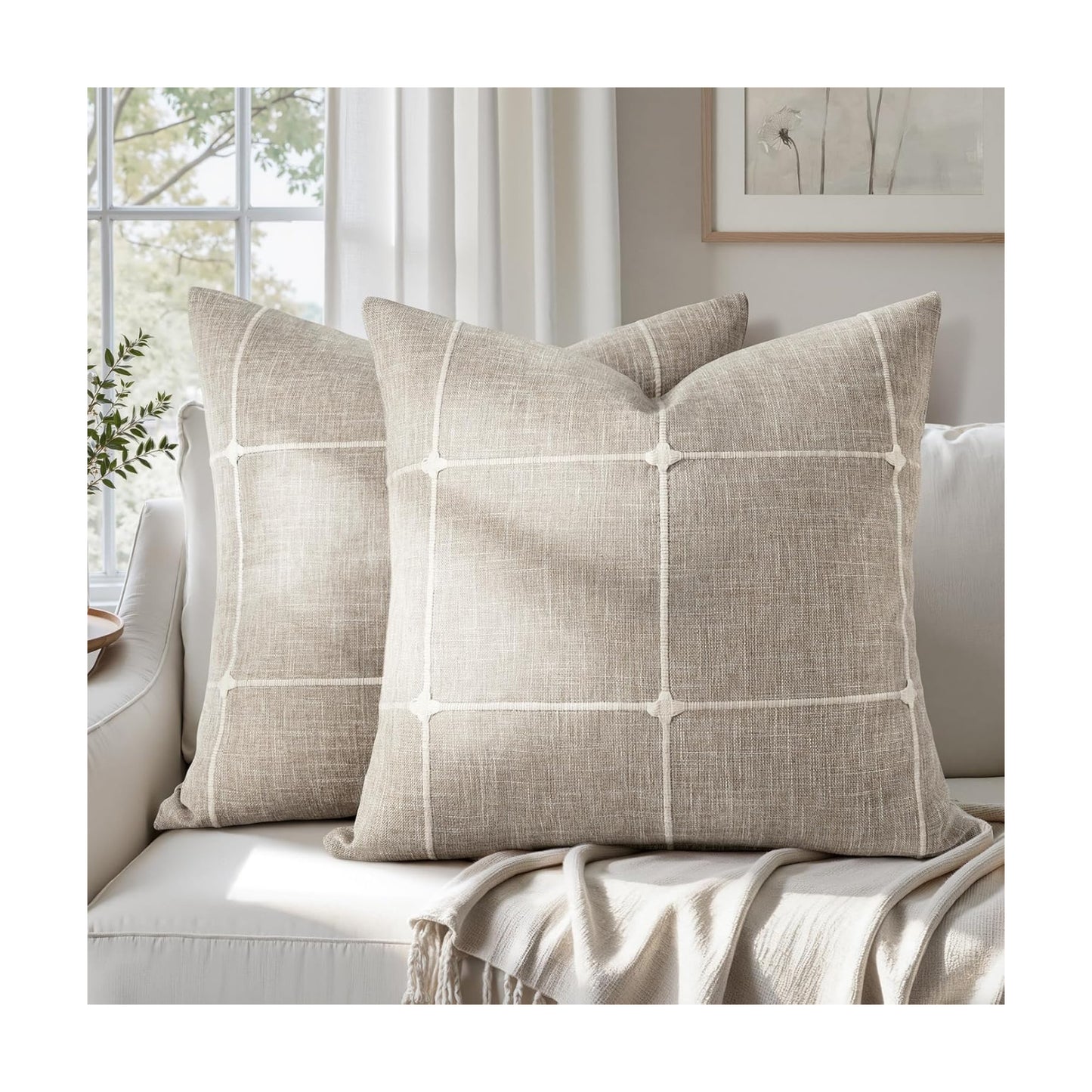 Tan Farmhouse Pillow Covers / Tan Plaid / 18 x 18 / Set of 2