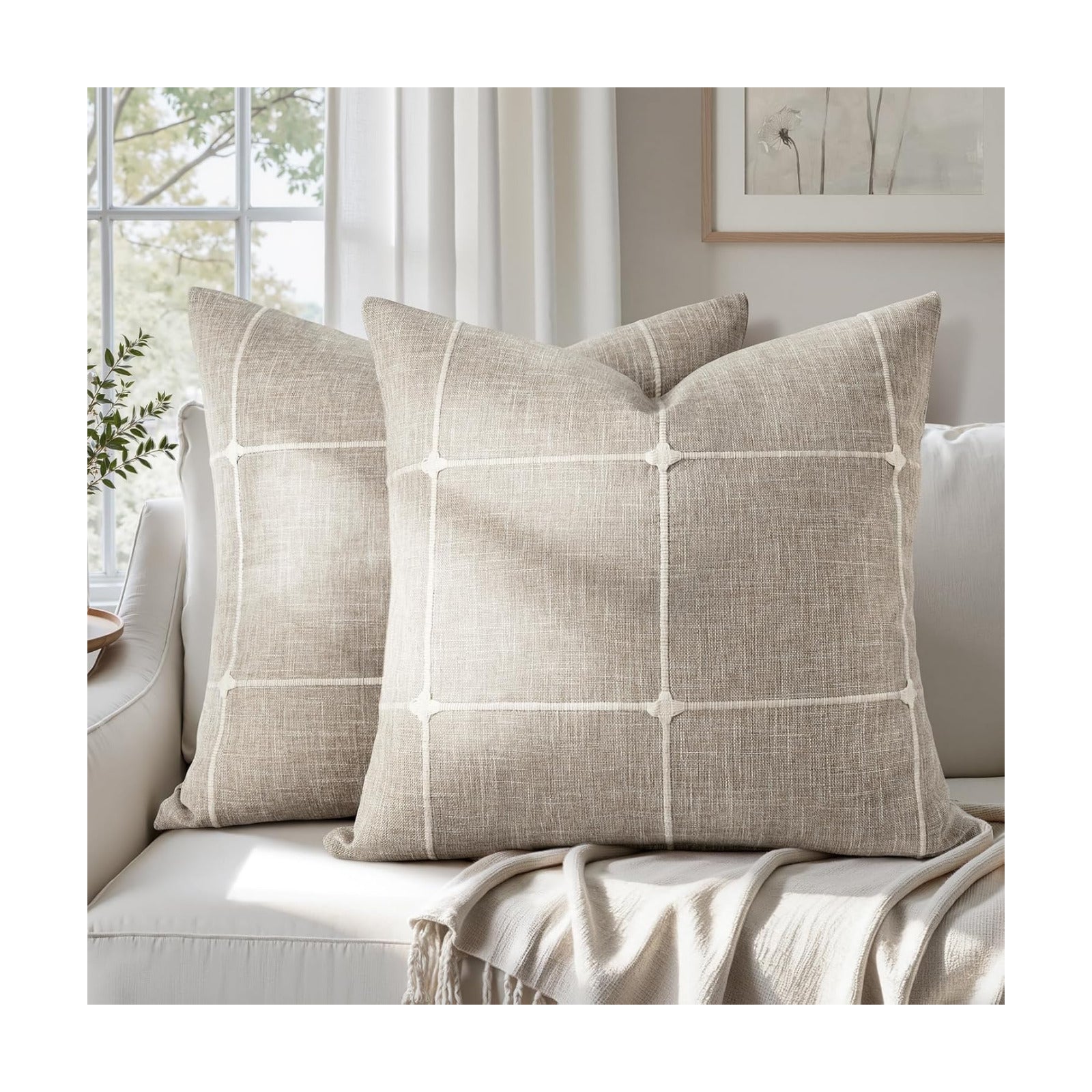 Tan Farmhouse Pillow Covers / Tan Plaid / 18 x 18 / Set of 2