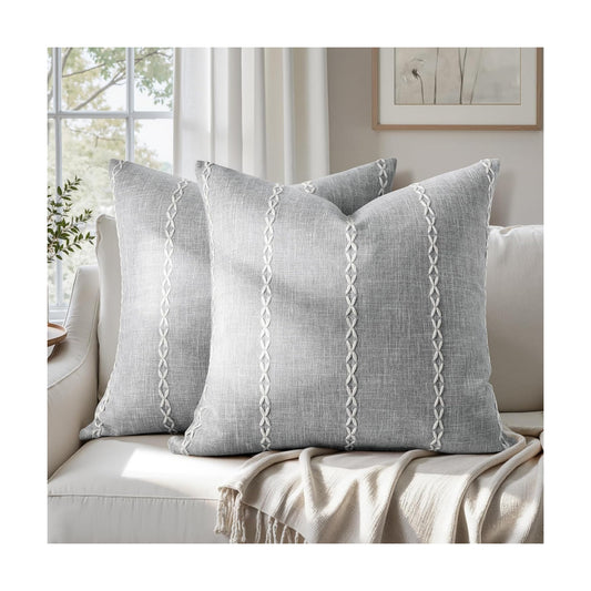 Grey Farmhouse Pillow Covers / Light Grey Stripe / 18 x 18 / Set of 2