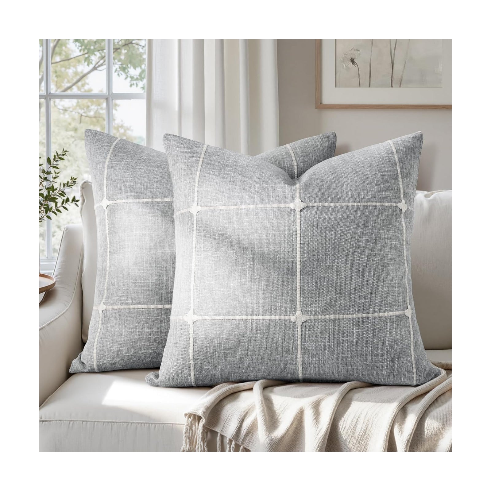 Grey Farmhouse Pillow Covers / Light Grey Plaid / 18 x 18 / Set of 2