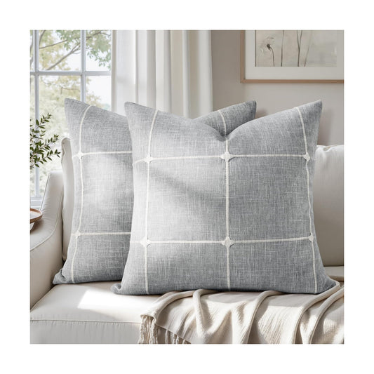 Grey Farmhouse Pillow Covers / Light Grey Plaid / 18 x 18 / Set of 2