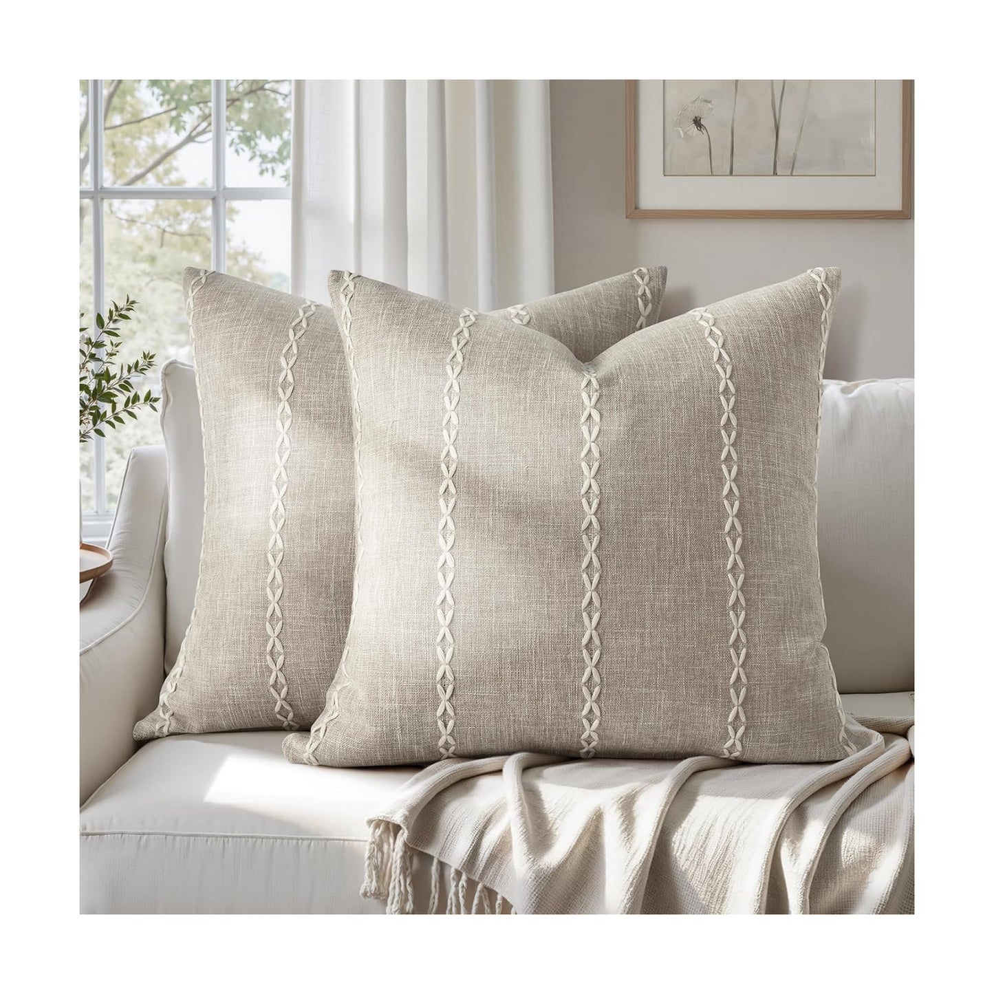 Tan Farmhouse Pillow Covers / Tan Stripe / 18 x 18 / Set of 2