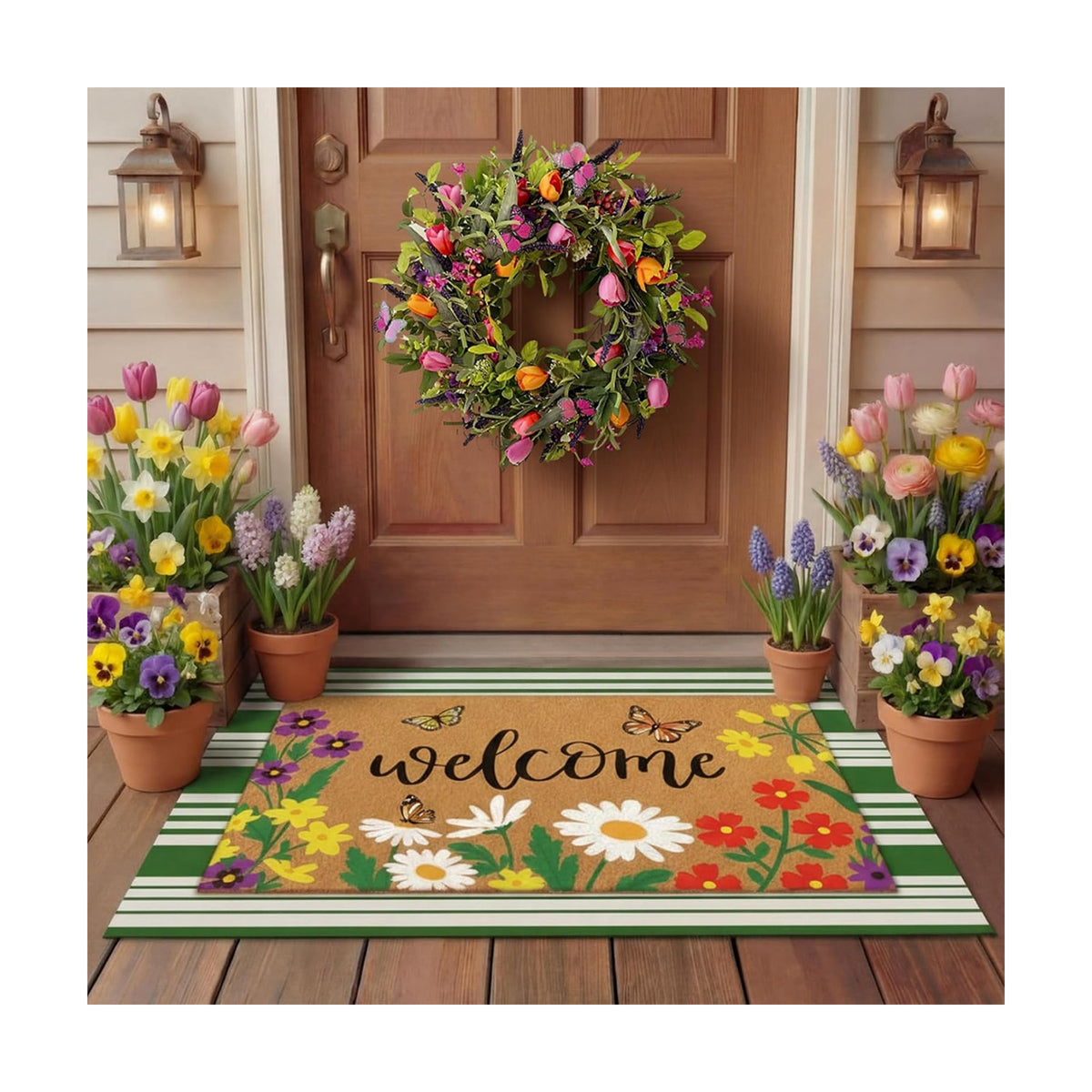 Tinideya 2 Pcs Spring Floral Layered Doormat Set for Seasonal Porch Decor