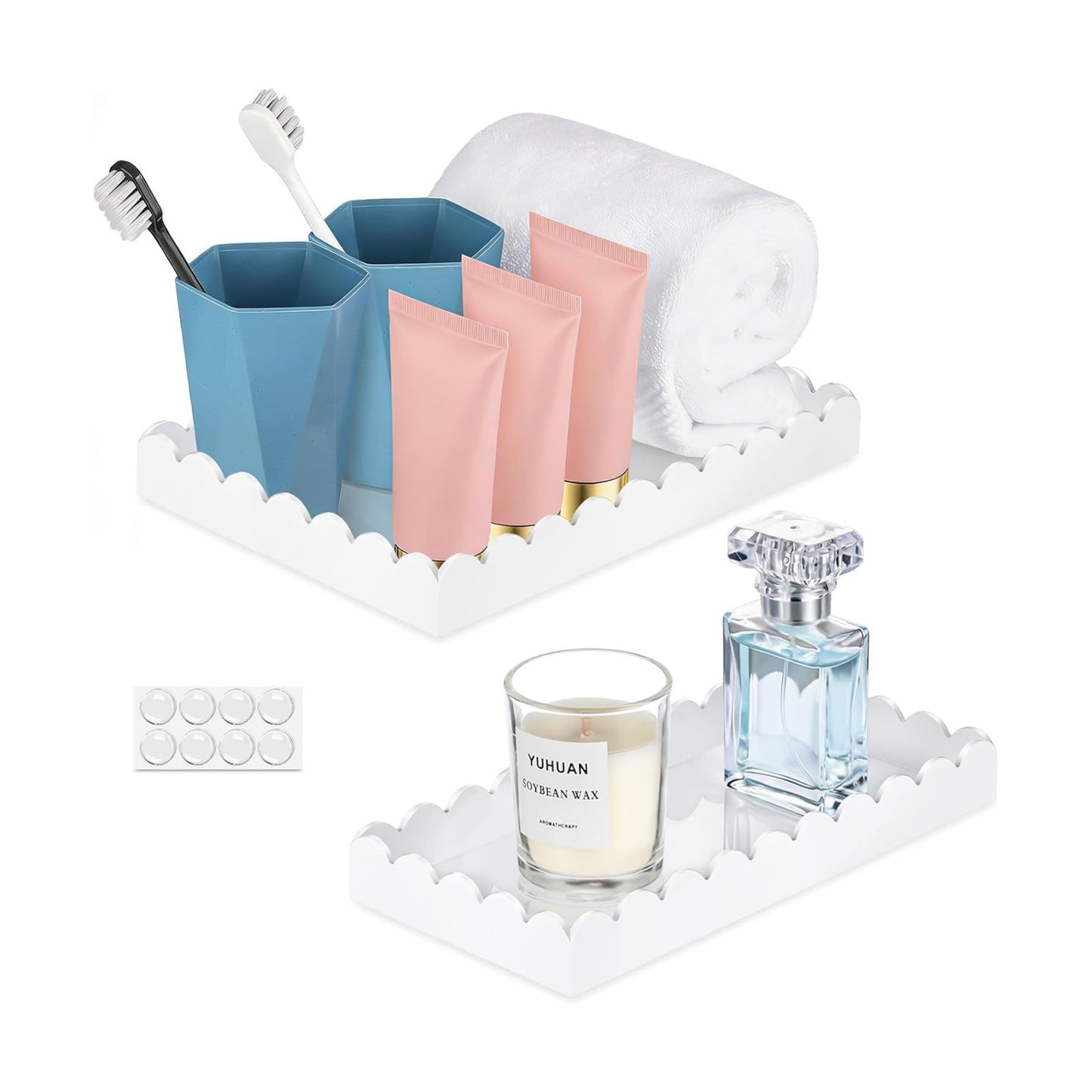 Soap Dispenser Decorative Scalloped Tray / White - Small and Large / Set of 2