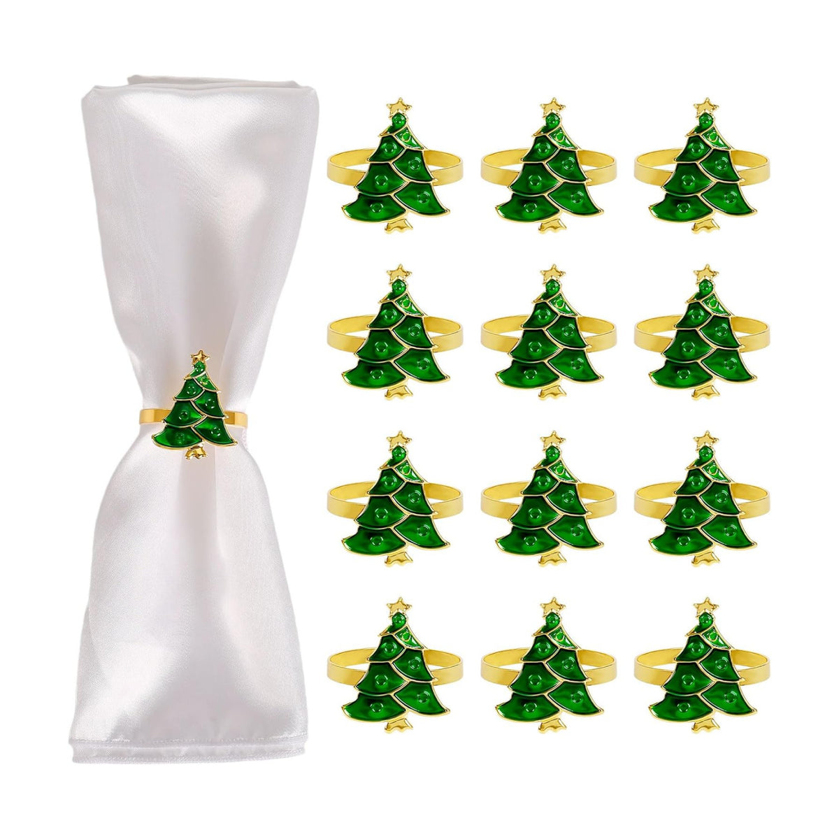 Christmas Tree Napkin Rings Set of 12, Evergreen Xmas Tree Napkin Ring Holders Serviette for Banquet,Dinner Table Decor, Family Dinner, Weddings(Green Xmas Tree)