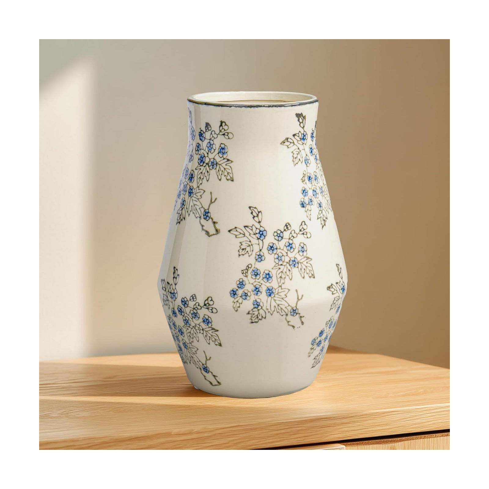 Tall Ceramic Vase for Flowers / Blue and White / 11 Inch