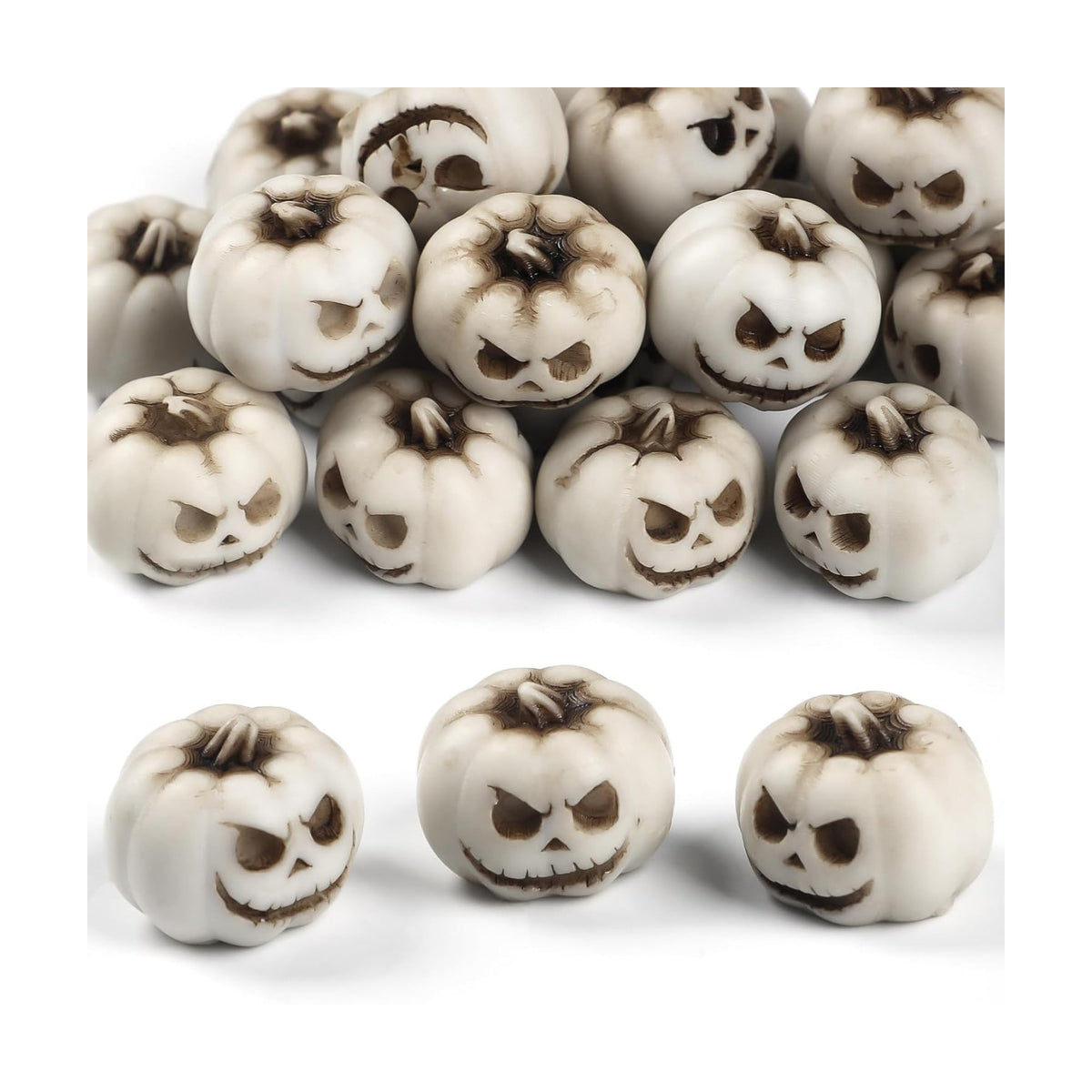 Uniclife 20 Pcs Halloween Mini Pumpkin Decorations, Halloween Fish Tank Decor, Spooky Smiling Face Mini Pumpkins, Jack-O'-Lantern Miniature Vase Fillers, White Resin Artificial Figurines