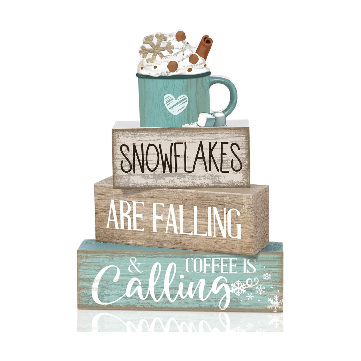 Moucuny 4 Pcs Wooden Block Signs Farmhouse Table Decor Winter Coffee Cup