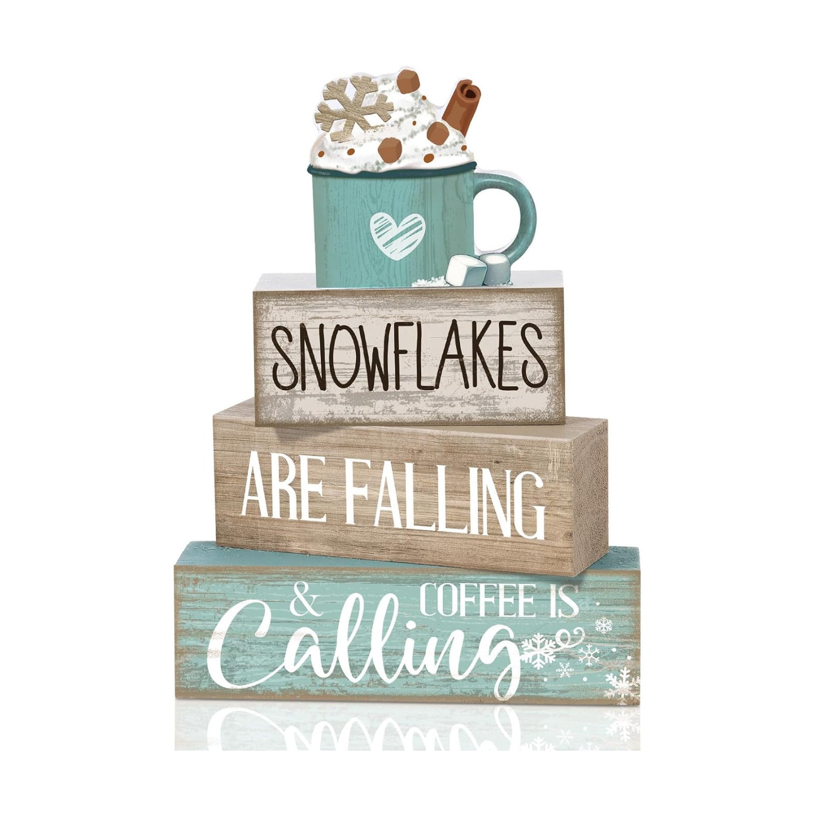 Moucuny 4 Pcs Wooden Block Signs Farmhouse Table Decor Winter Coffee Cup