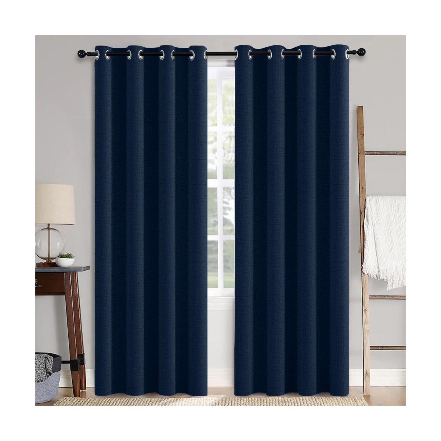 MIULEE 100% Blackout Linen Curtains for Bedroom 52x90 Inches Midnight Blue