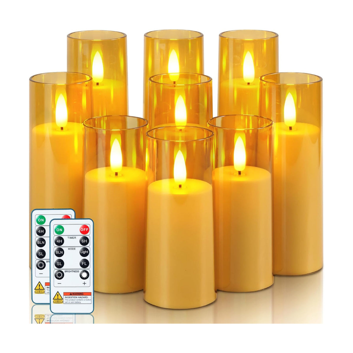 Homemory Amber Flameless LED Pillar Candles, Remote Timer, 9 Pack | Battery operated flickering LED pillar candles