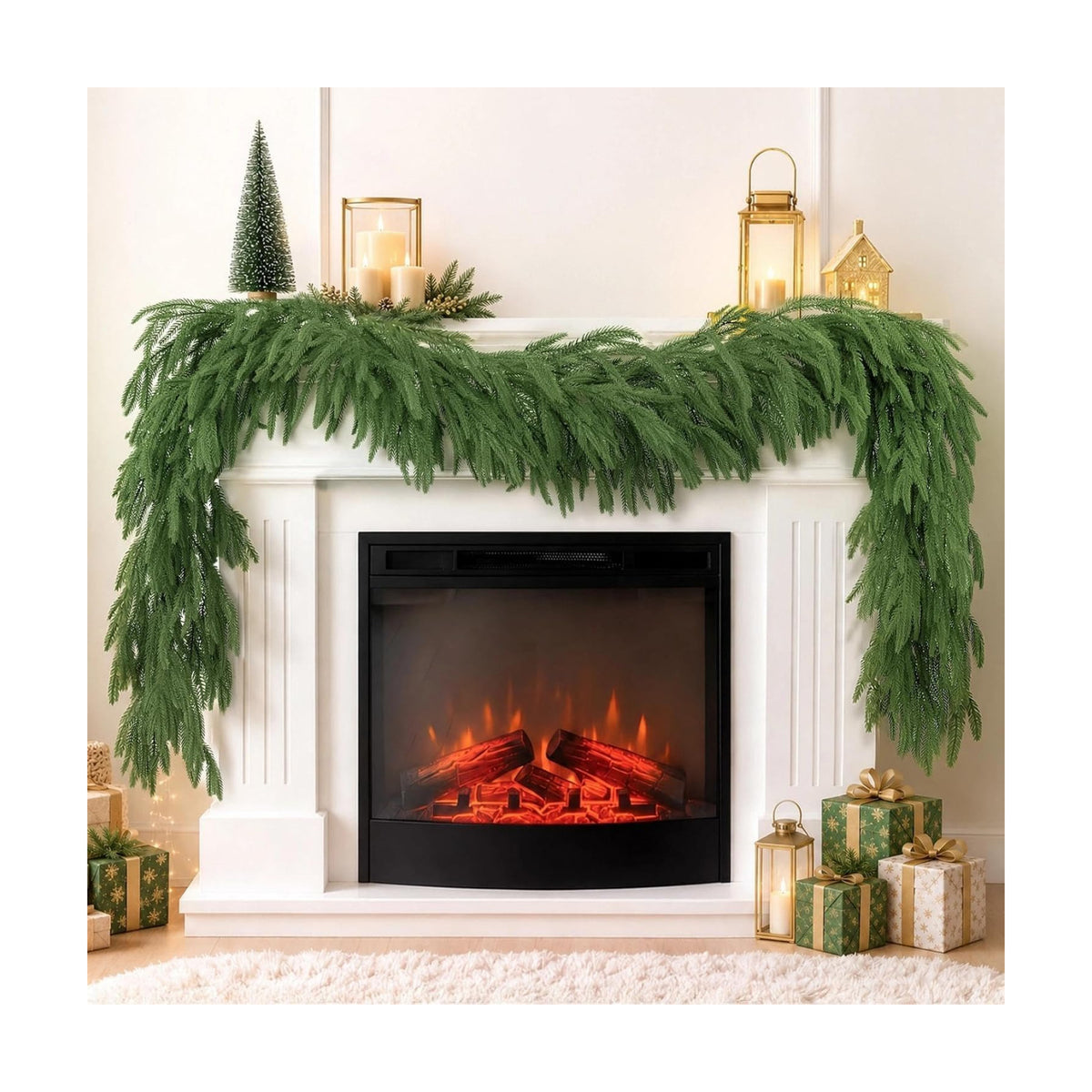 N&T NIETING 9FT Christmas Norfolk Pine Garland Real Touch Artificial Christmas Green Xmas Garland for Mantle, Table Holiday Fireplace Staircase Indoor Outdoor Christmas Decorations
