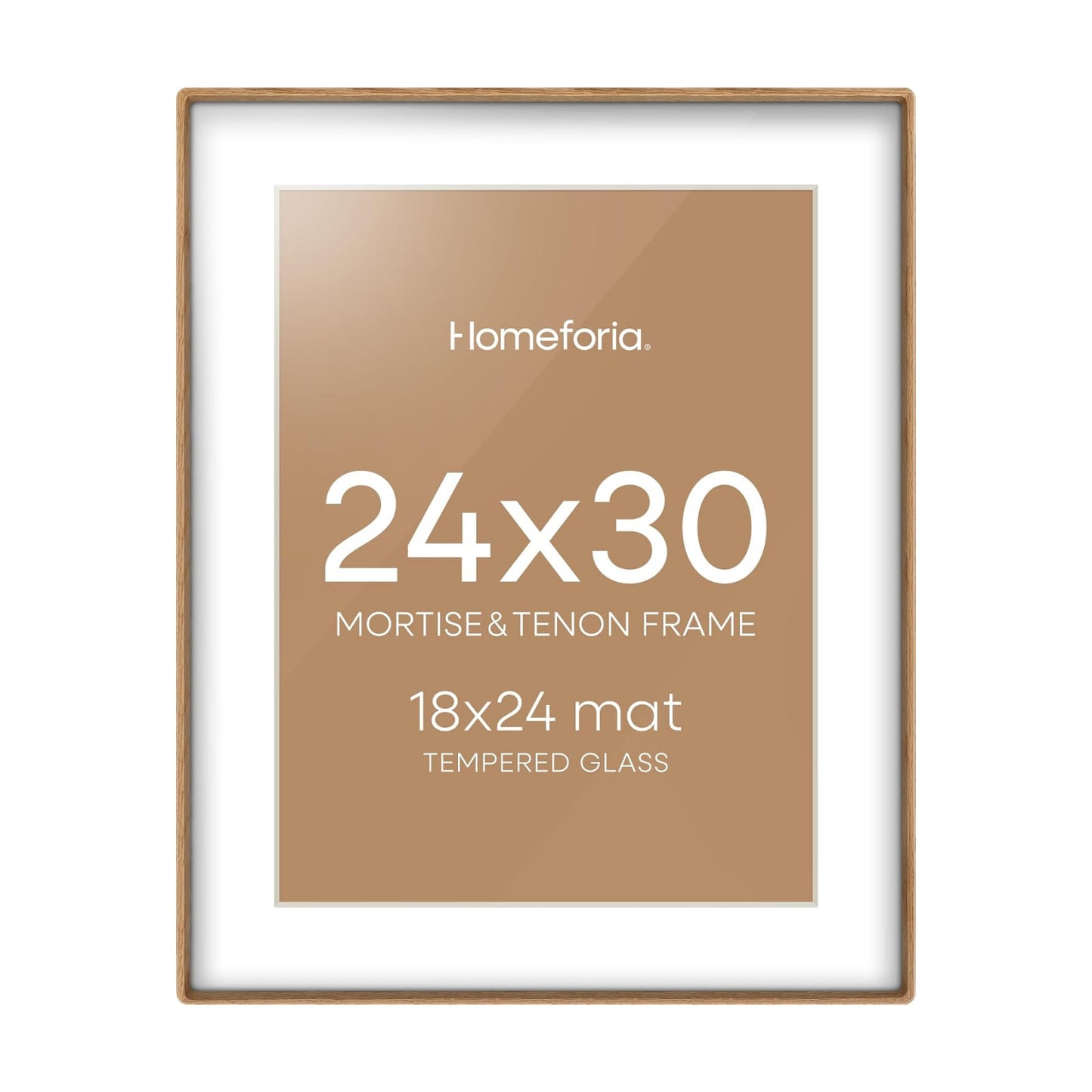 24x30 Mortise&Tenon Natural Oak Picture Frame, 18x24 Mat, Glass | High End Solid Oak Wood, Tempered Glass, Acid-Free