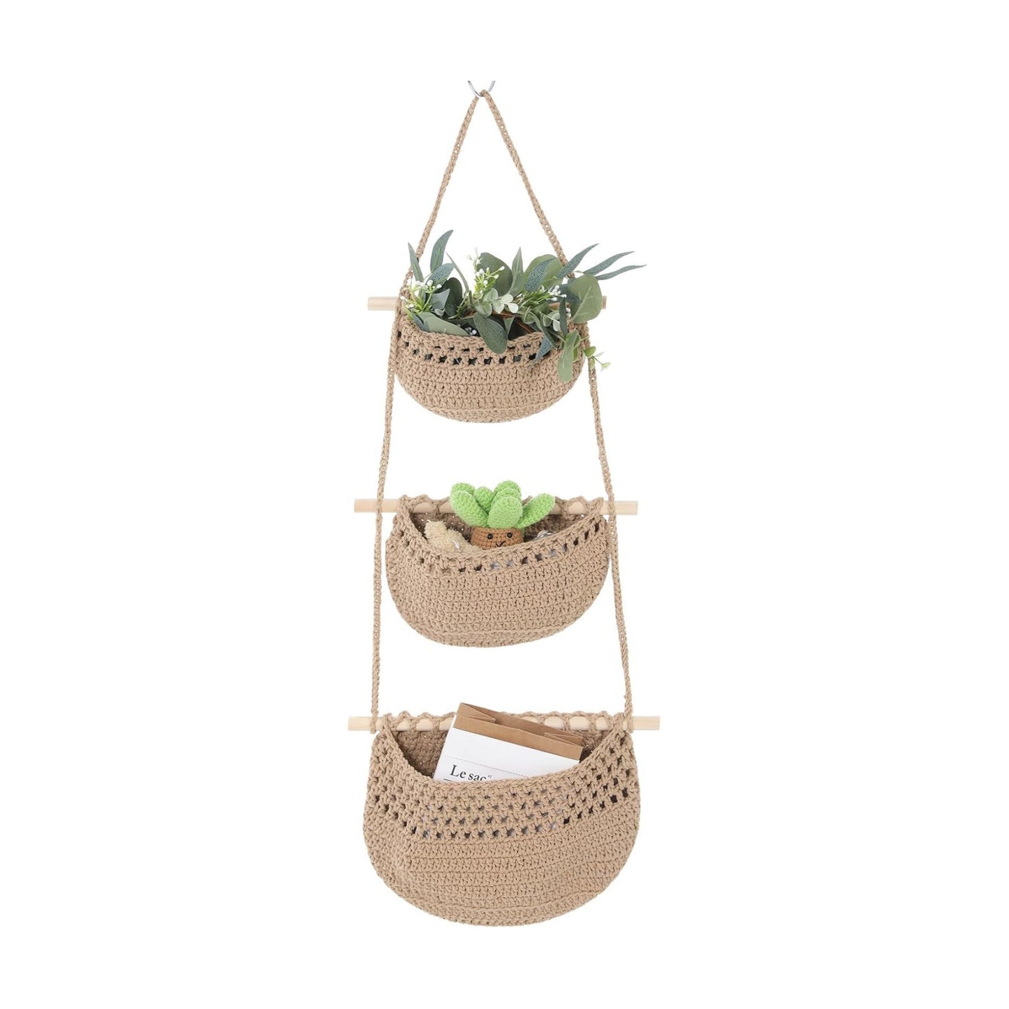 3 Tier Woven Jute Wall Basket for Organizing