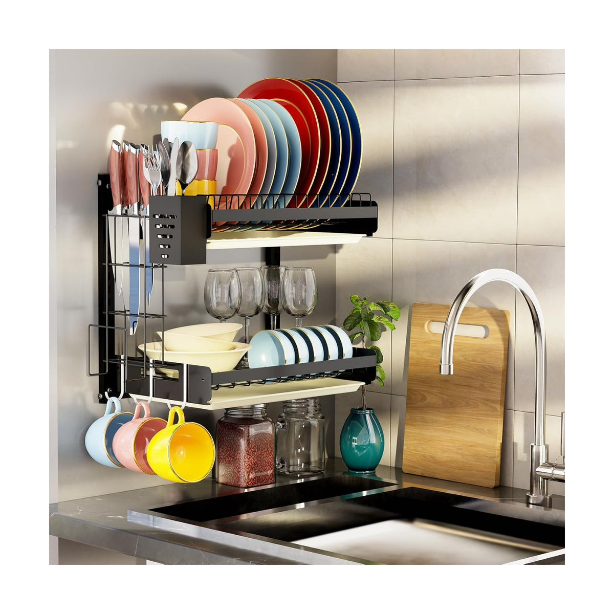 Hanging Wall Mounted Dish Drying Rack, Cutting Board Rack*1, Hook*4, Drain Tray*2, Apartment & RV Wall Mounted Dish
